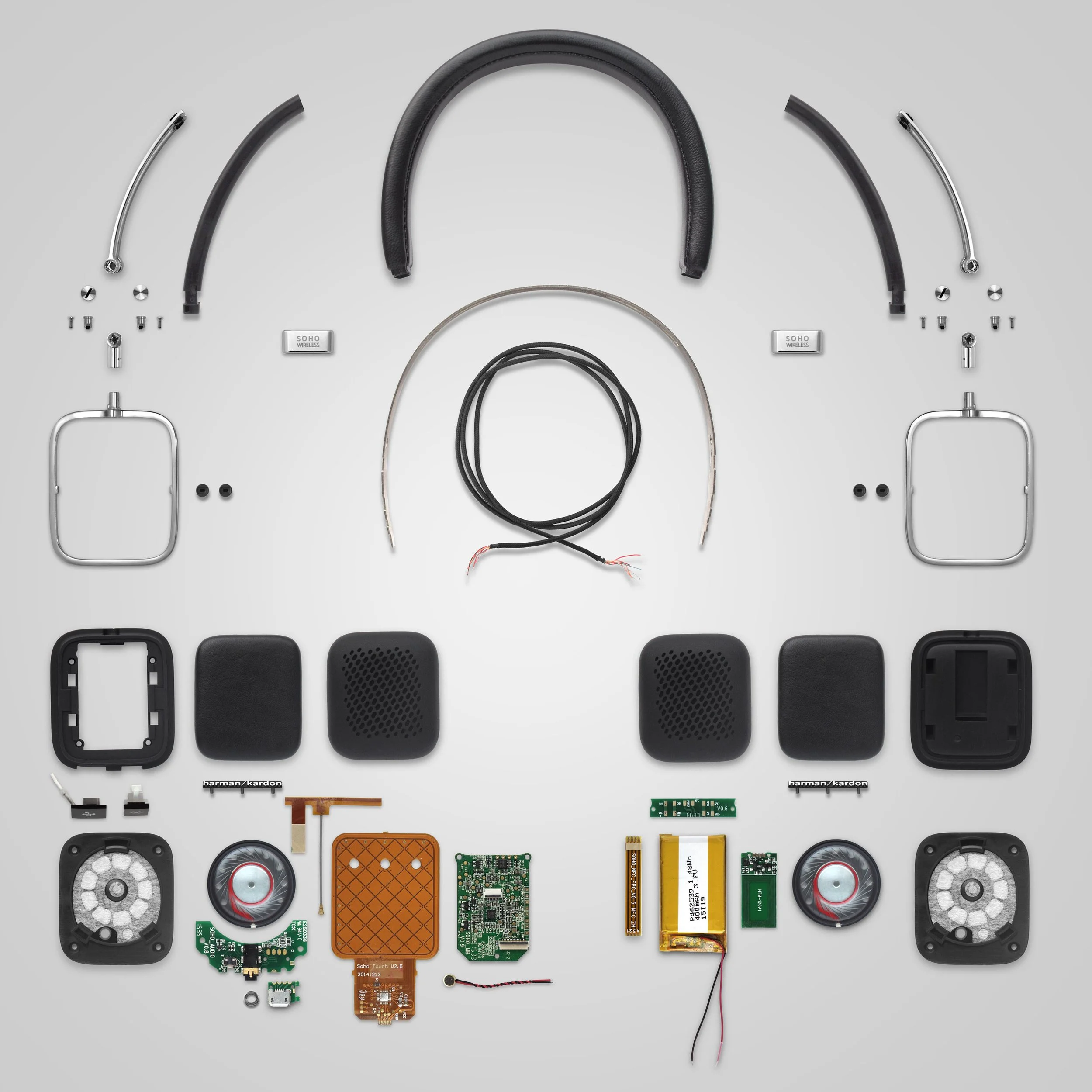 Industrial design breakdown of Harman Kardon Soho Wireless headphone components