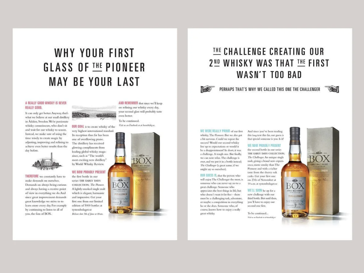 BOX Whisky print ads for The Pioneer and The Challenger, The Early Days Collection