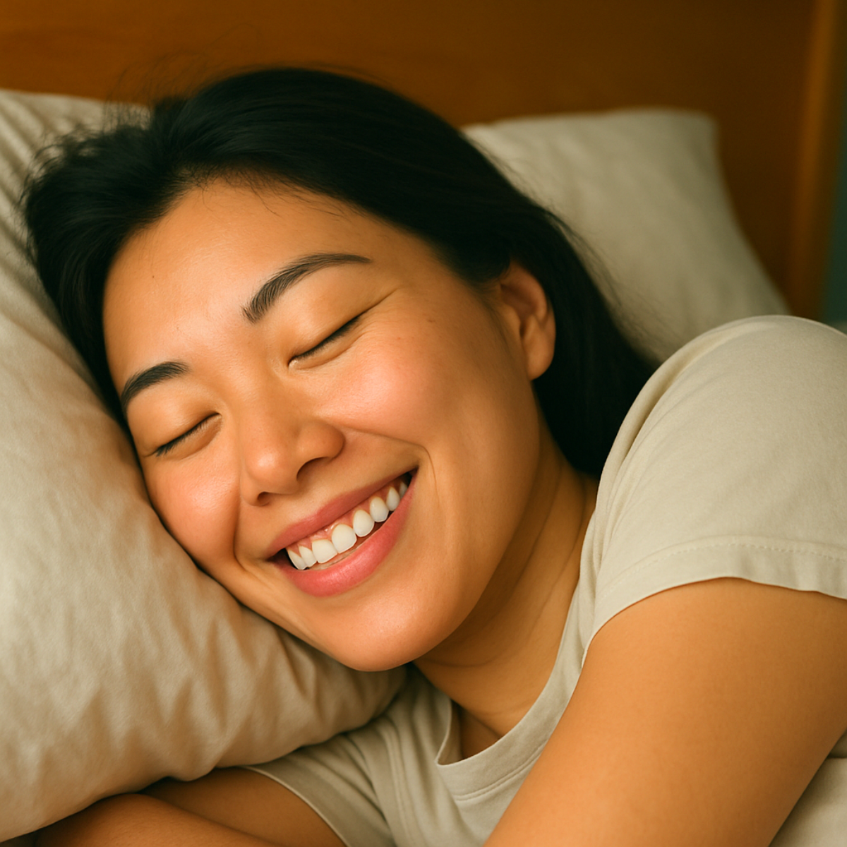 A woman smiling with eyes closed, resting her head on a pillow.