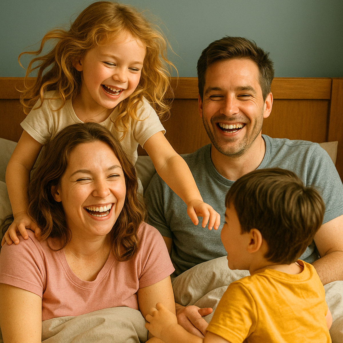A happy family with two parents and two children laughing together on a bed.