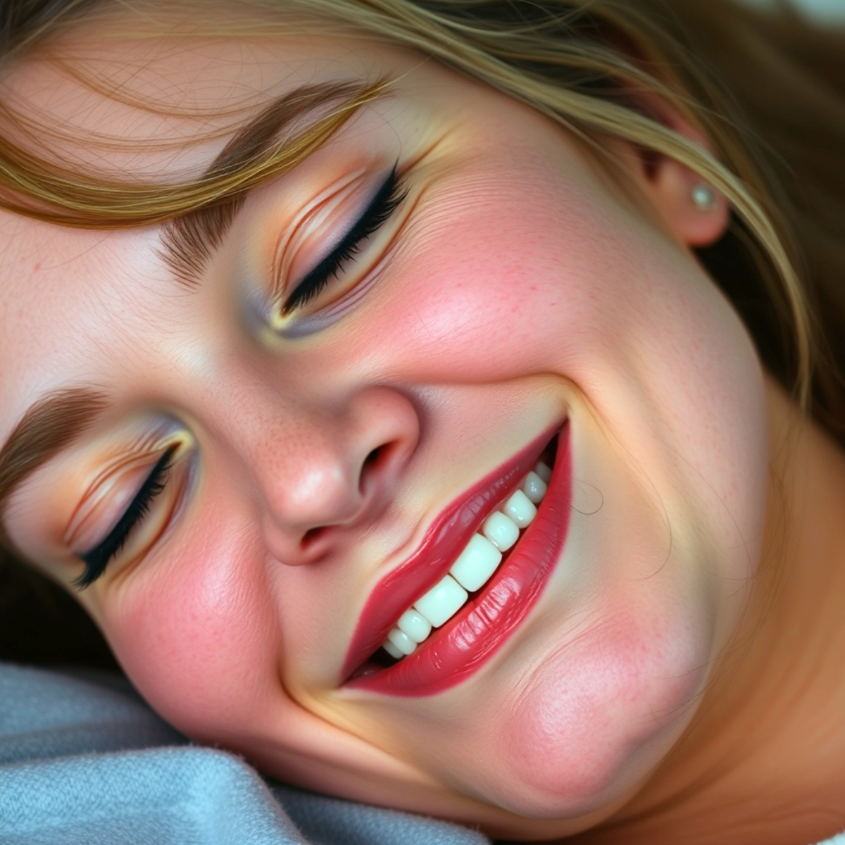 Close-up of a smiling woman's face with closed eyes, showing smooth skin, red lips, and long eyelashes.