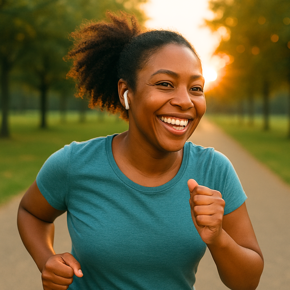 Woman jogging in a park, smiling, wearing a blue shirt and wireless earbuds, with a sunset in the background.