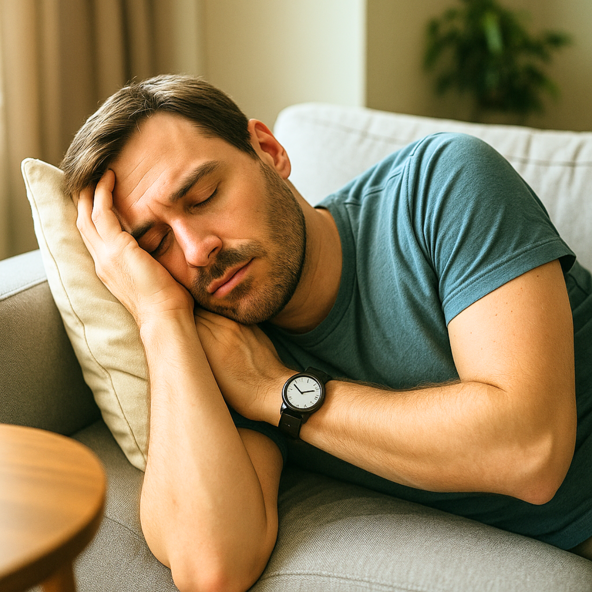 Man sleeping on a couch with hand on cheek, wearing a dark watch and blue shirt.
