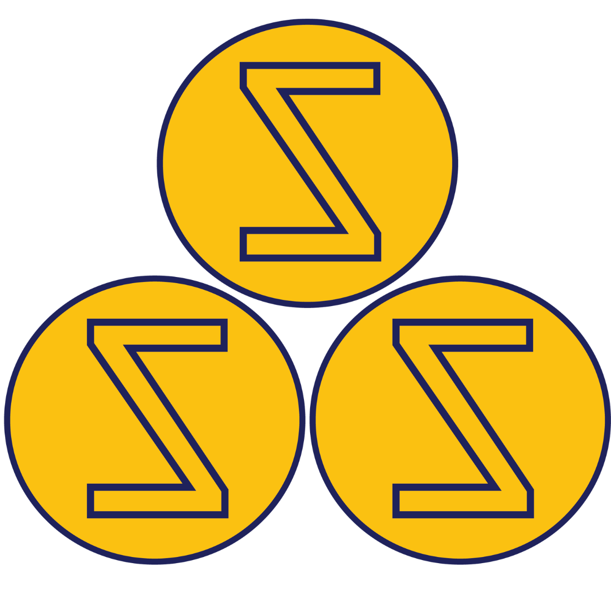 Three yellow circles with stylized 'S' symbols outlined in blue.