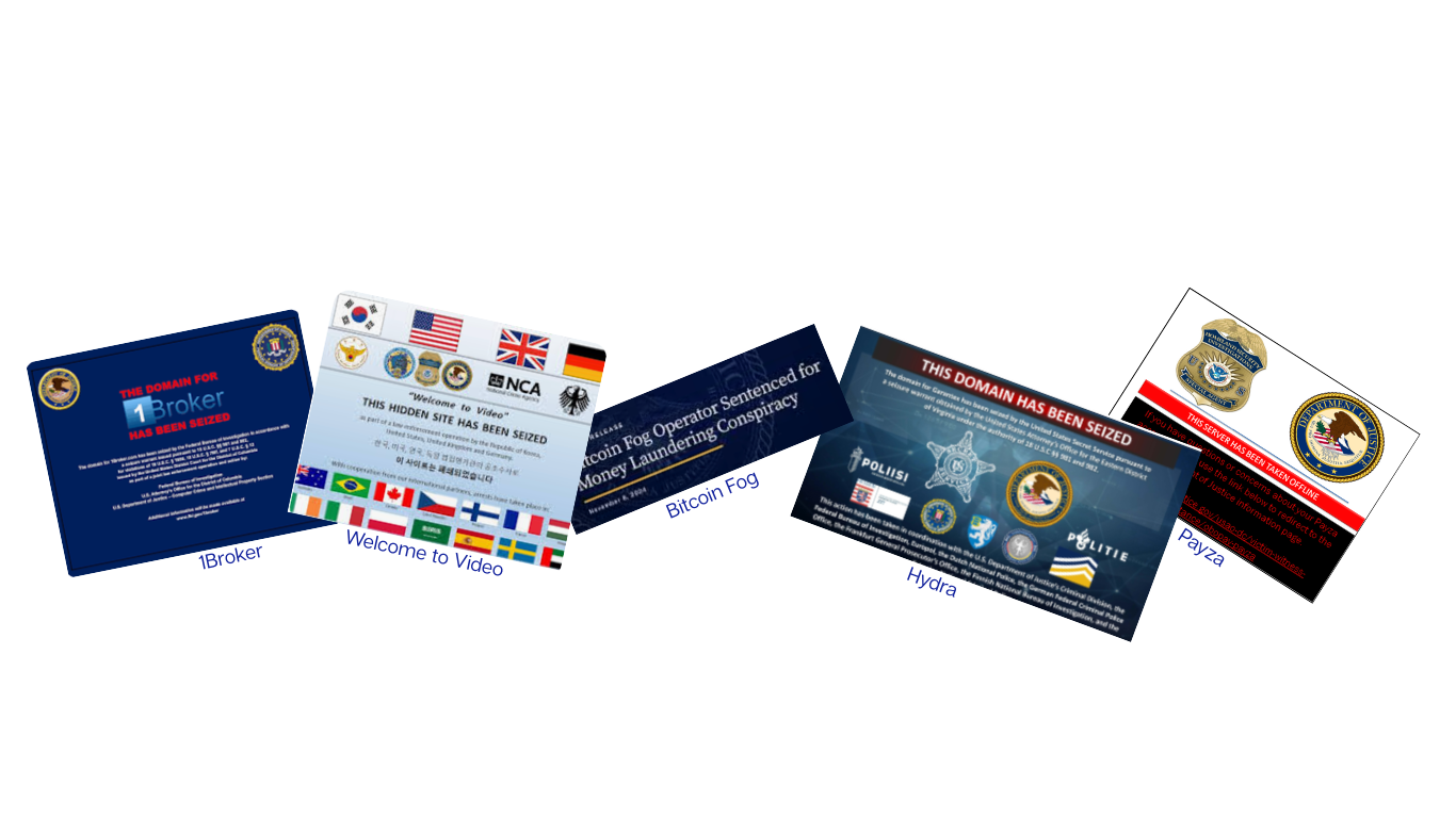 Enforcement actions and seizures including 1Broker, Welcome to Video, Bitcoin Fog, Hydra, and Payza