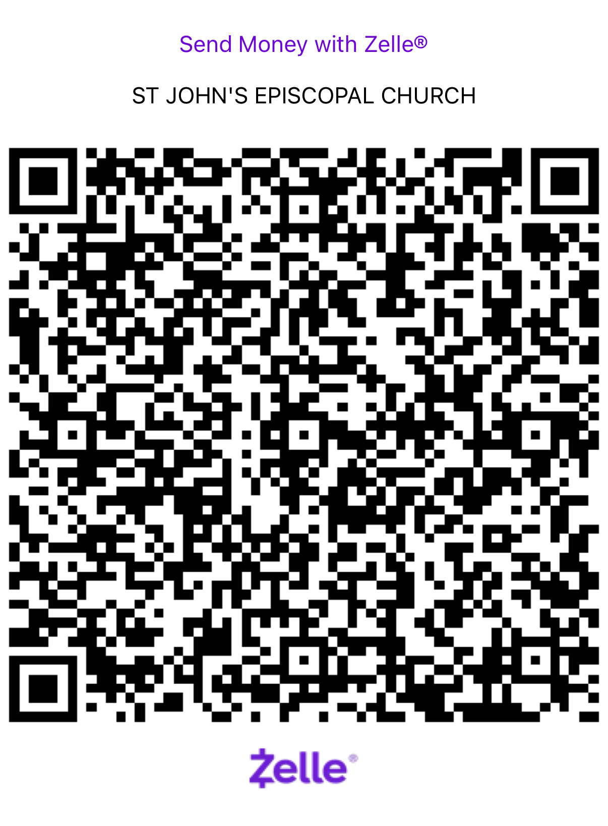 QR code to open Zelle application to send donation to treasurer@stjohnschicago.com