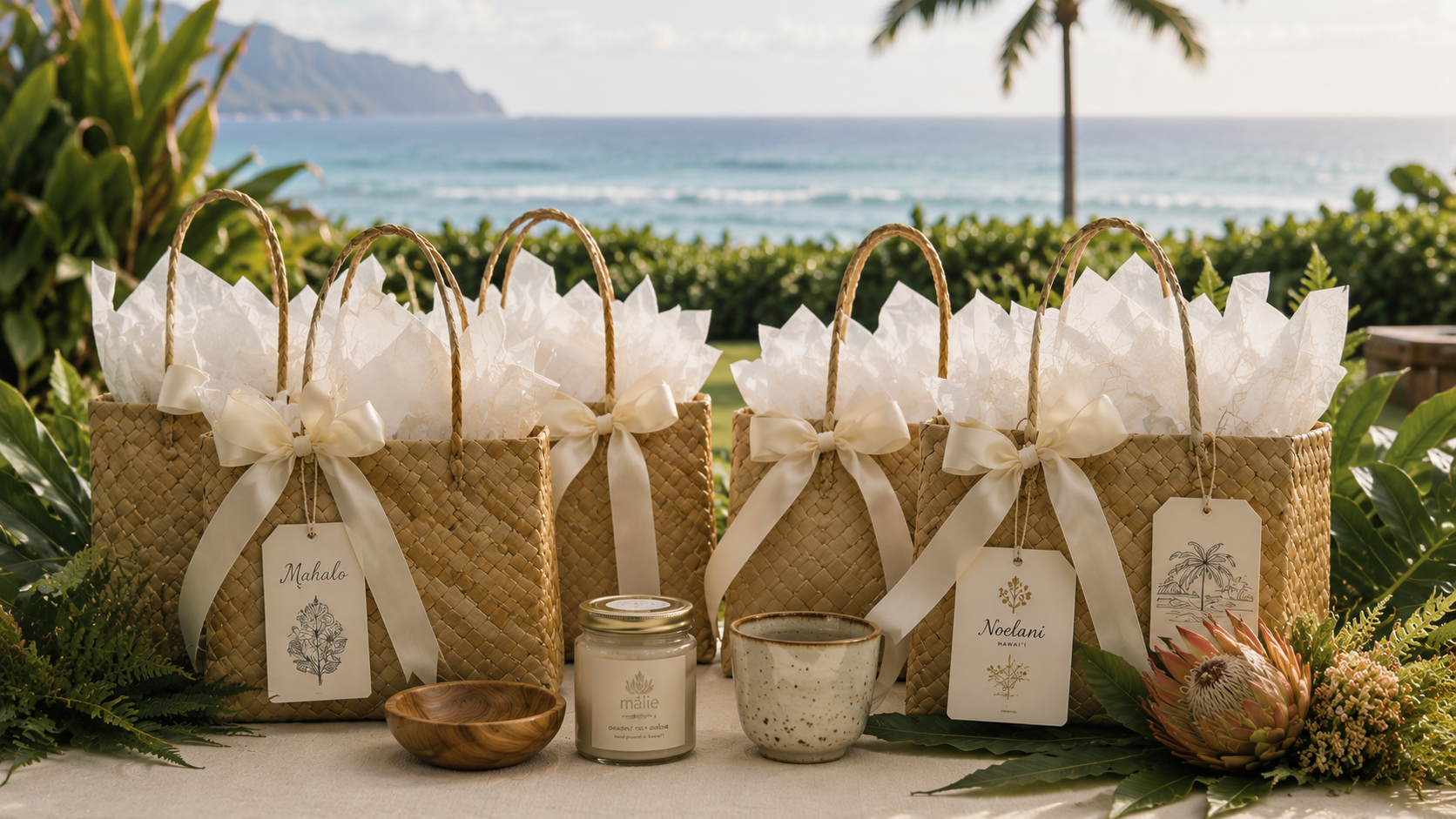 Hawaii wedding gifts arranged at an oceanfront venue, wrapped in woven lauhala bags with white ribbons, tissue paper, and custom tags