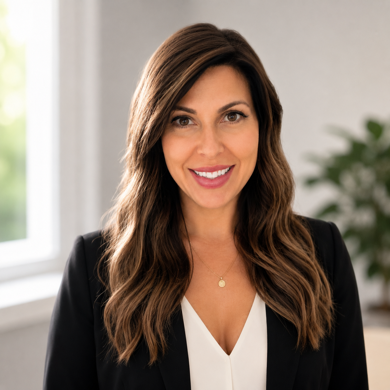A smiling woman with long, wavy brown hair, wearing a black blazer and white top, standing indoors with a window and blurred greenery in the background.