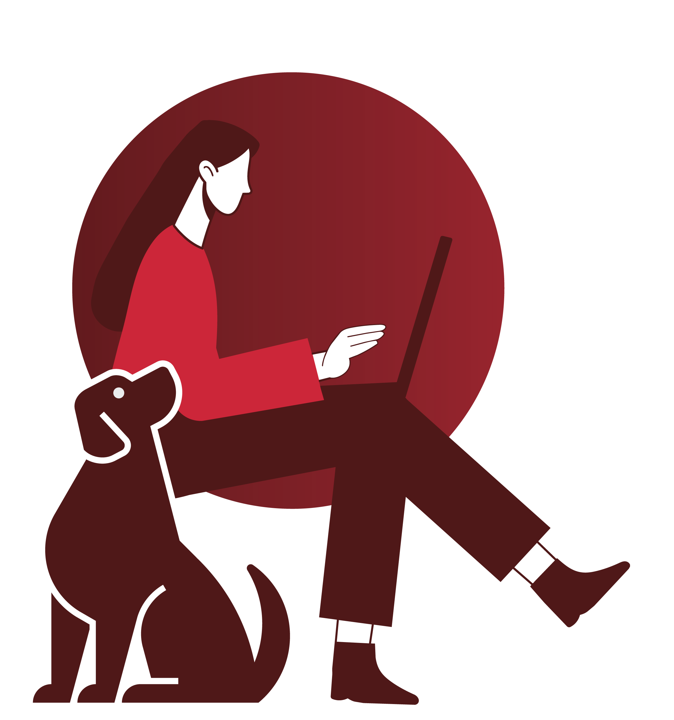Illustration of Elle Harrigan, a person with long hair sitting at a desk, looking at a computer monitor, in a minimalist style with shades of red, dark brown, and black. Her faithful dog sits next to her.