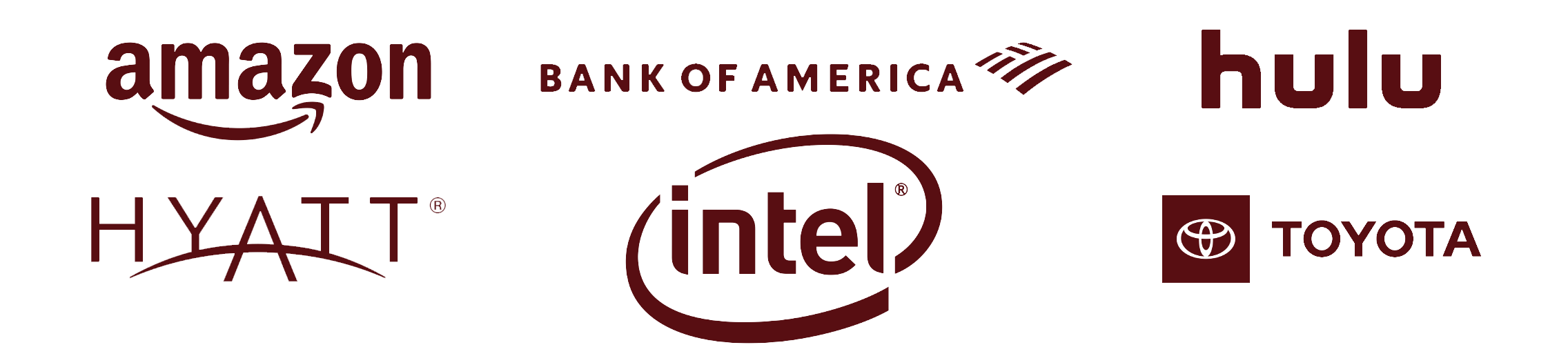 Collection of logos for Amazon, Bank of America, Hulu, Hyundai, Intel, Toyota, and Hyatt.