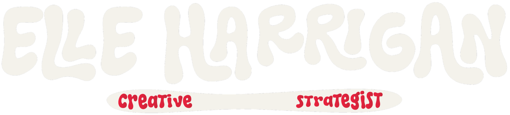 The logo for Elle Harrigan, a creative strategist, with stylized white text on a black background and red text on a white banner.