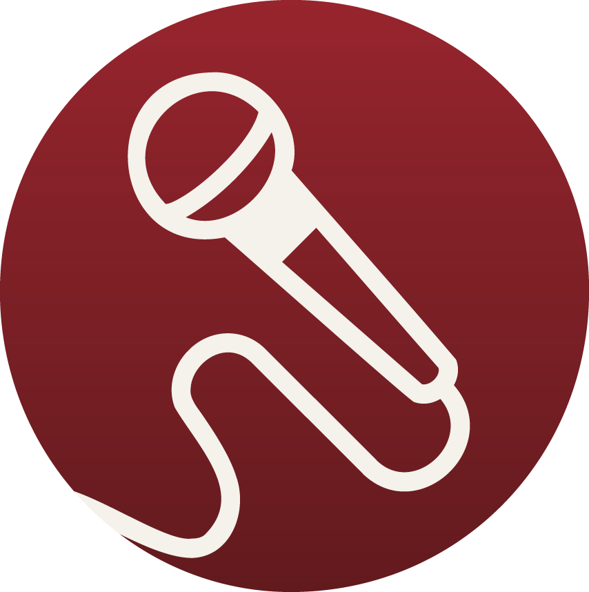 Icon of a microphone, indicating a karaoke or singing activity, on a red circular background.