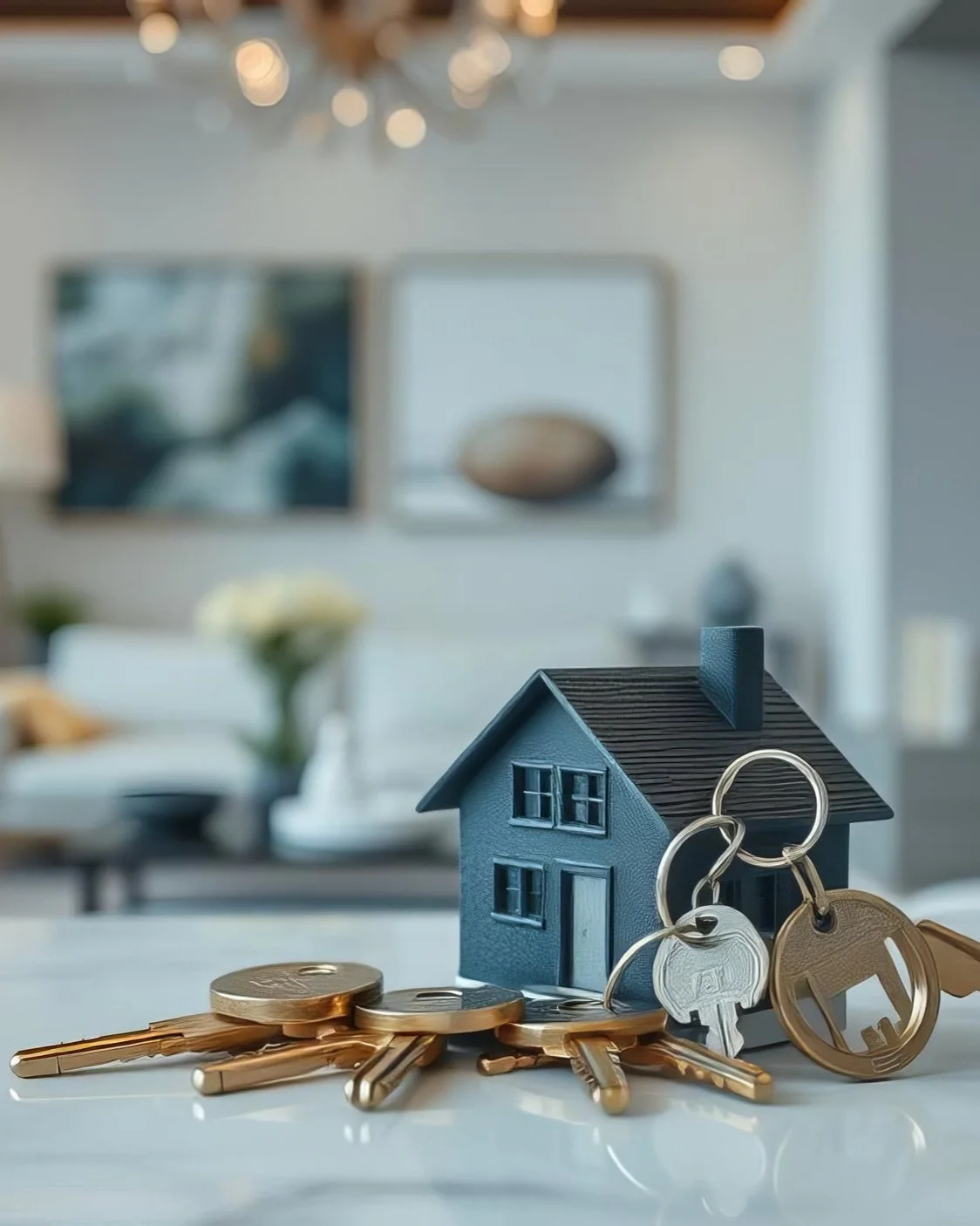 A small model house with multiple keys placed on a polished surface, featuring a blurred background of living room decor and furniture.