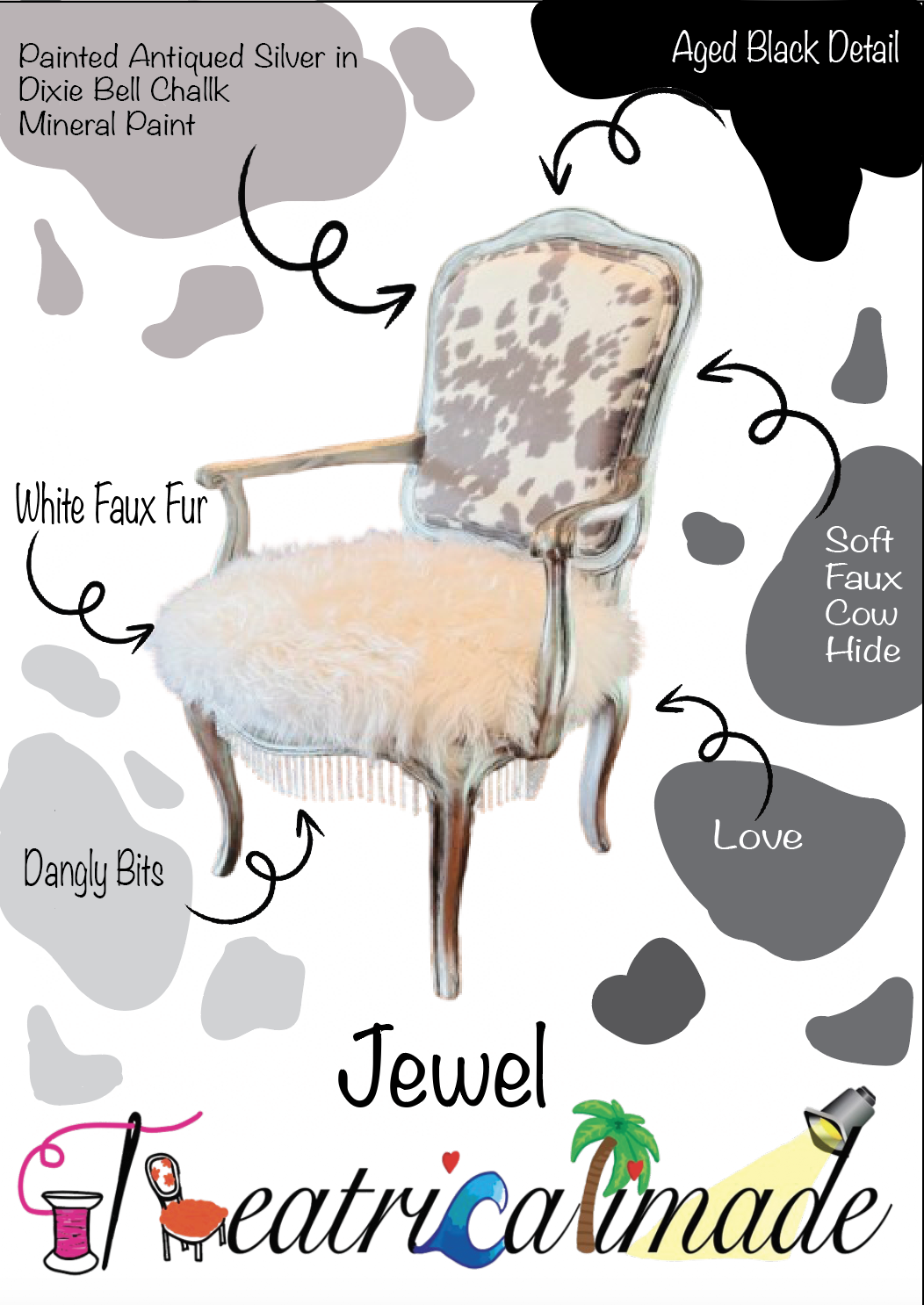 She’s not just a chair — she’s a statement. Finished in rich antiqued black, Jewel carries the weight of vintage elegance with the swagger of someone who’s seen it all and still steals the spotlight. Her back is dressed in striking white and gray cow