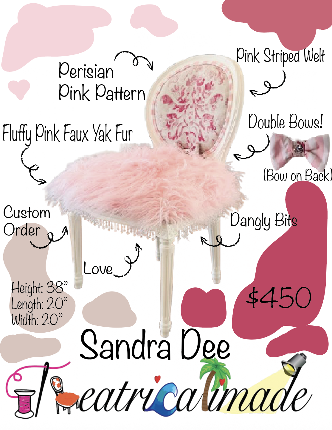Meet Sandra Dee, the chair with a sparkling spirit and a flair for French youthful elegance. Draped in delightful shades of pink — from soft blush to vivid rose — she’s a vision of charm and cheerful sophistication. Her seat is plush and fluffy, like