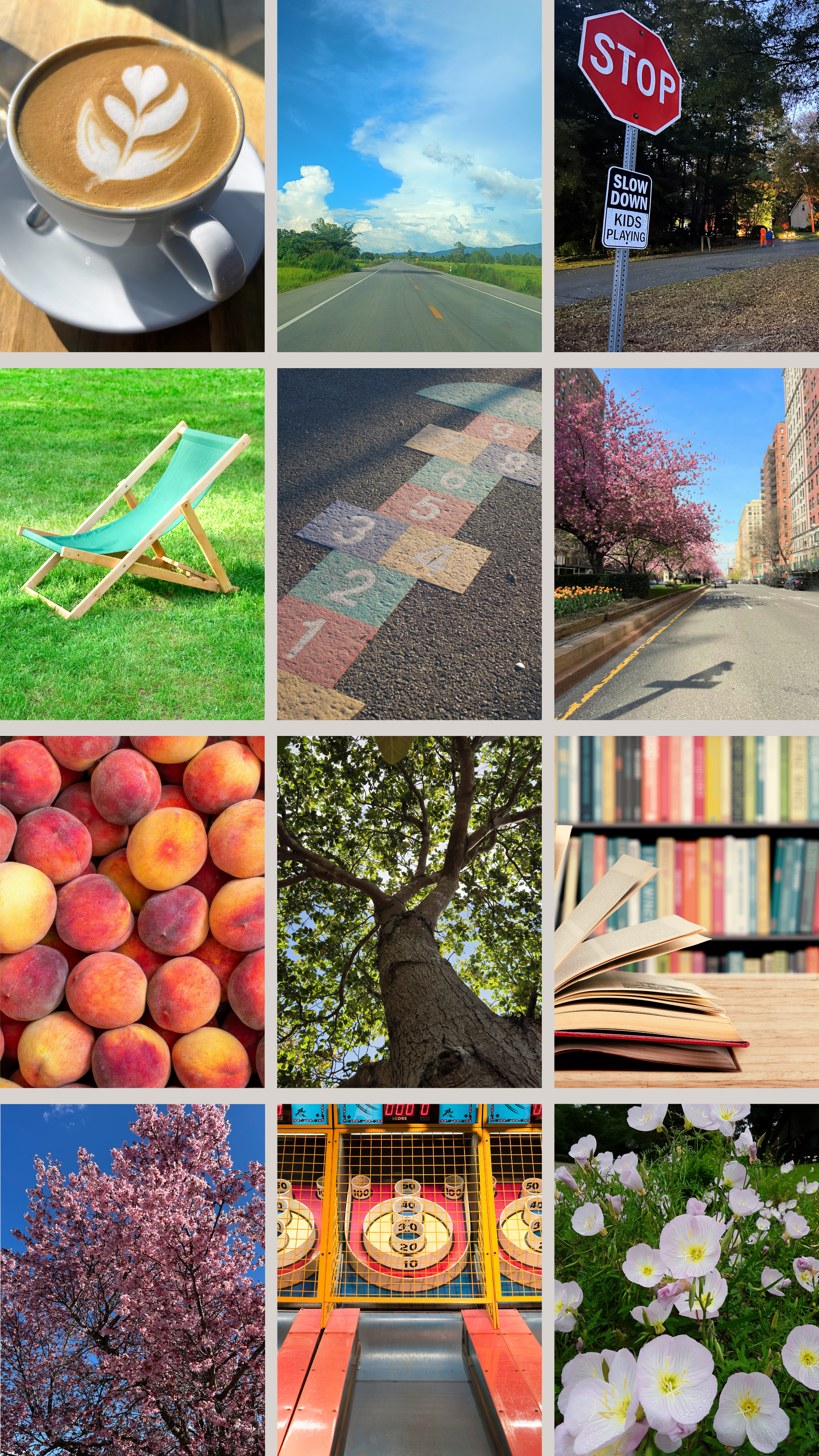 Collage of summer photos, including peaches, books, a highway, a city street, and a tree