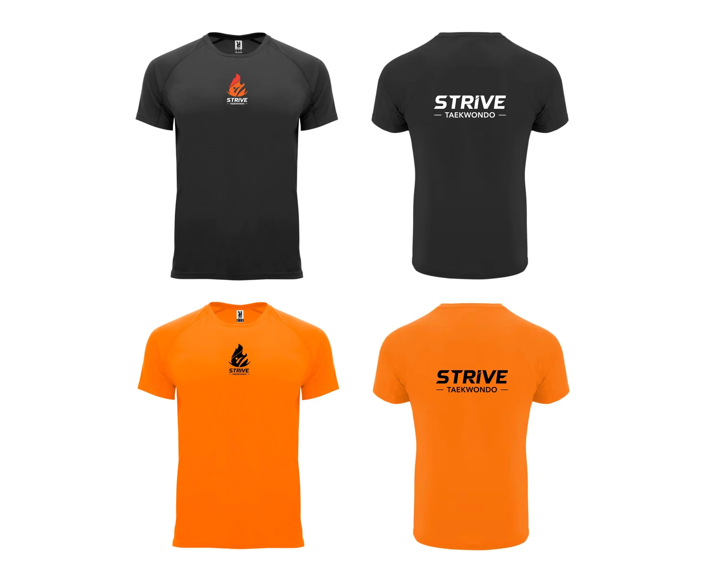 Two black and two orange athletic T-shirts with 'STRIVE TAEKWONDO' logo and text, displayed from front and back views.