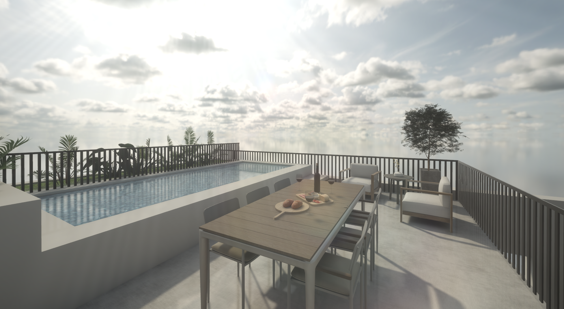 Rooftop patio with a swimming pool, outdoor dining table with food and drinks, seating area with chairs and a potted tree, overlooking a stunning sky. In the historic centre of Portimão.