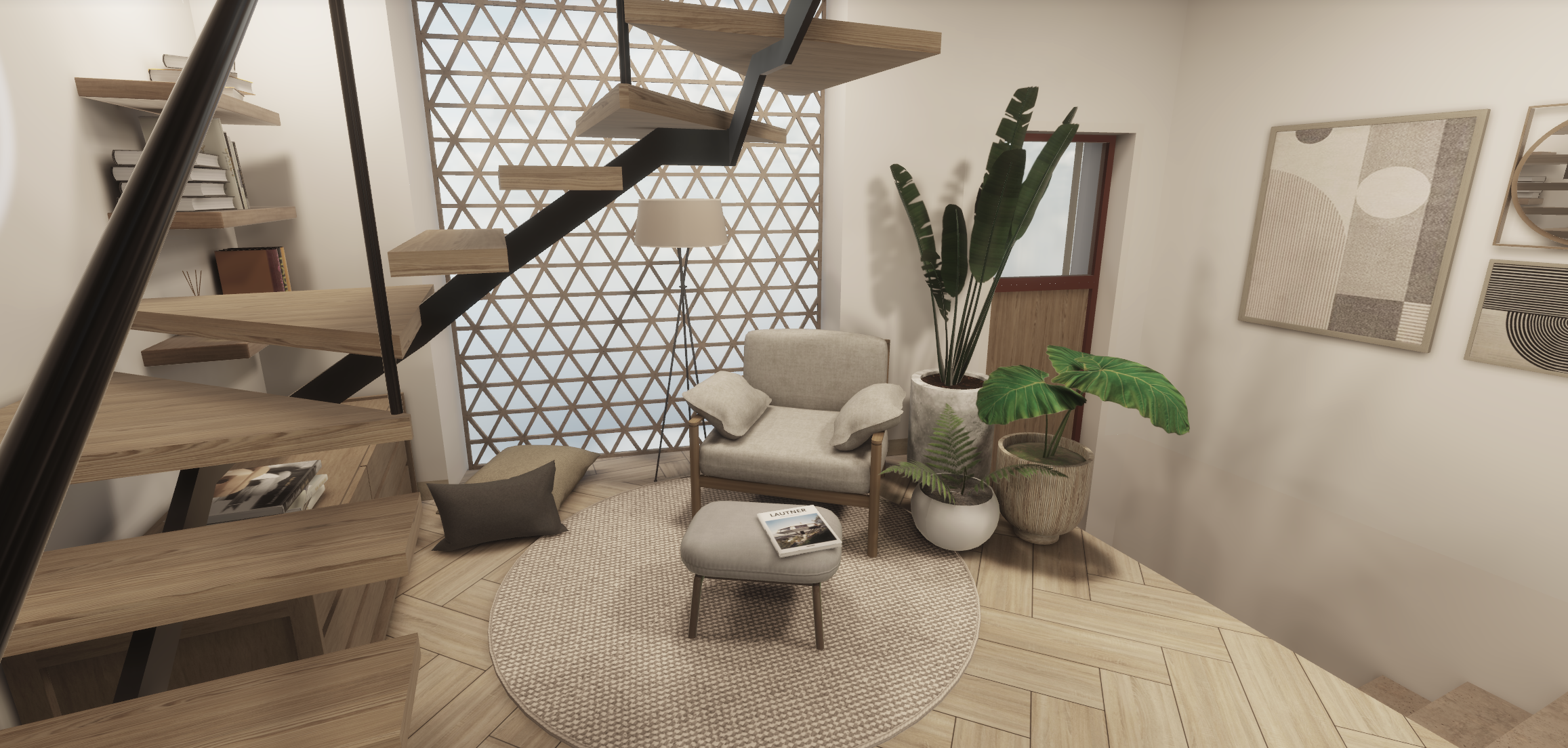 Cozy corner in a home with a beige armchair, ottoman, and various potted plants, next to a staircase and decorative wall art.