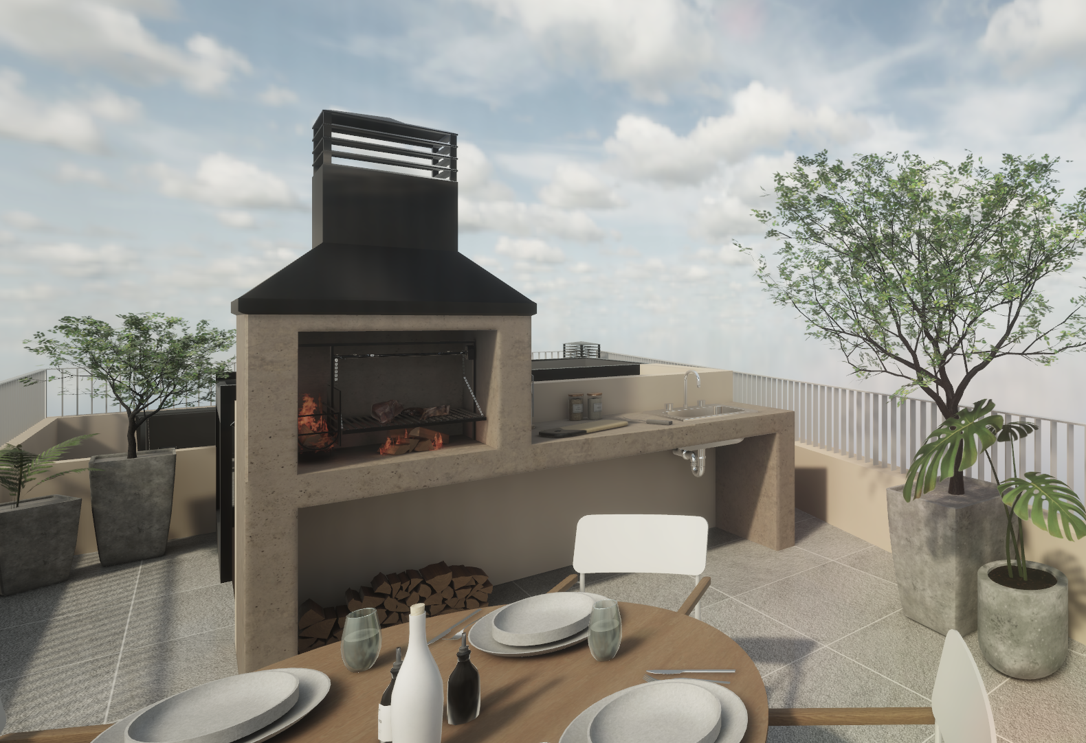 Rooftop outdoor kitchen with a wood-fired pizza oven, a sink, and a table set for dining, decorated with potted plants and trees under a stunning sky.