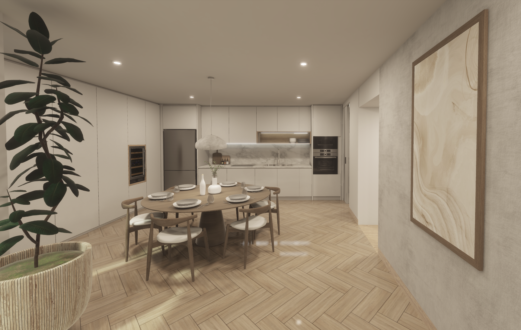 Modern kitchen and dining area with wooden floor, round table set with six chairs, white cabinetry, marble backsplash, built-in oven, refrigerator, minimalistic decor, and a large abstract painting on the wall.