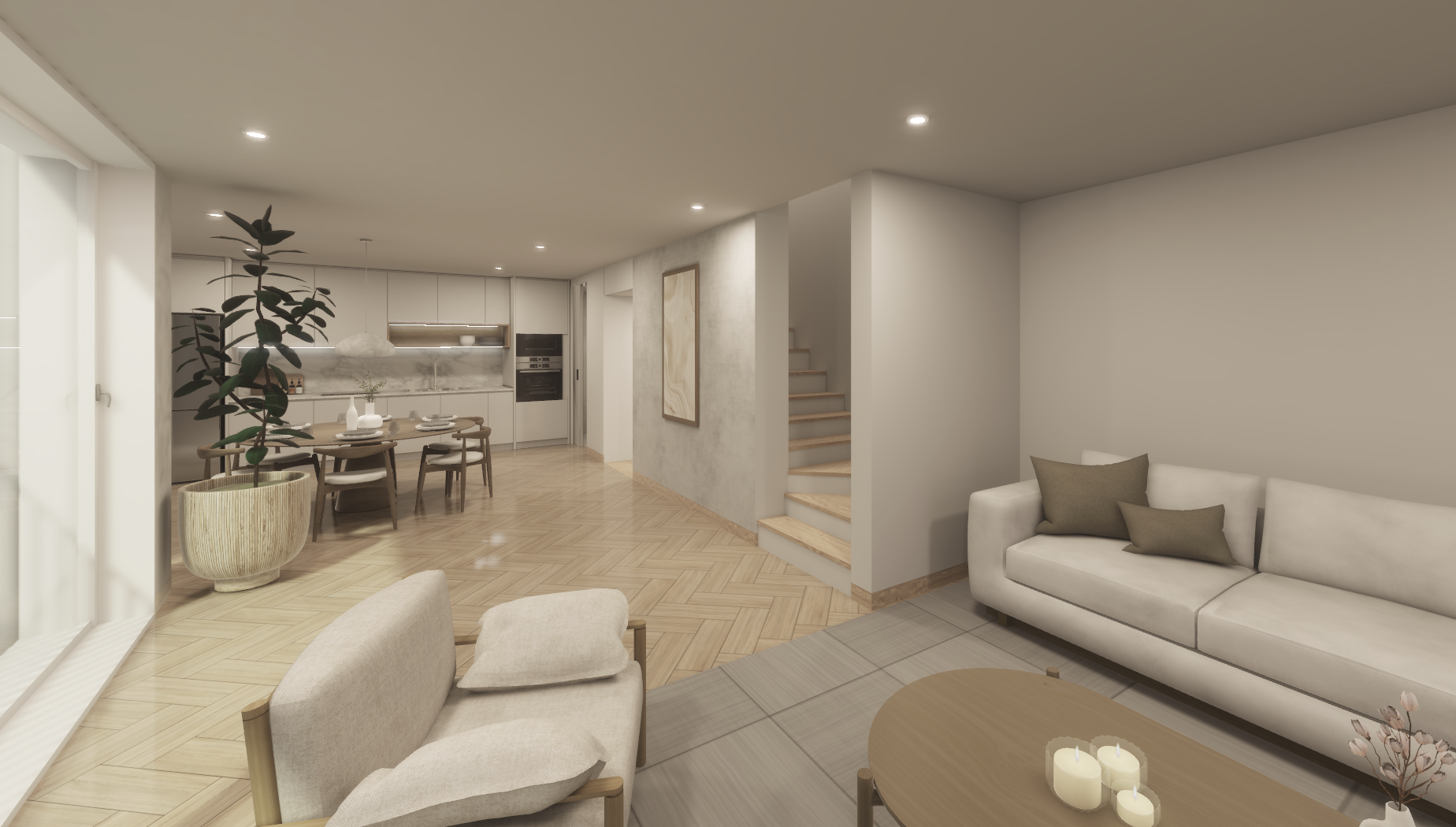 Open-concept living and dining area with minimalist decor, beige sofas, a coffee table with candles, a dining table with chairs, and a modern kitchen in the background.