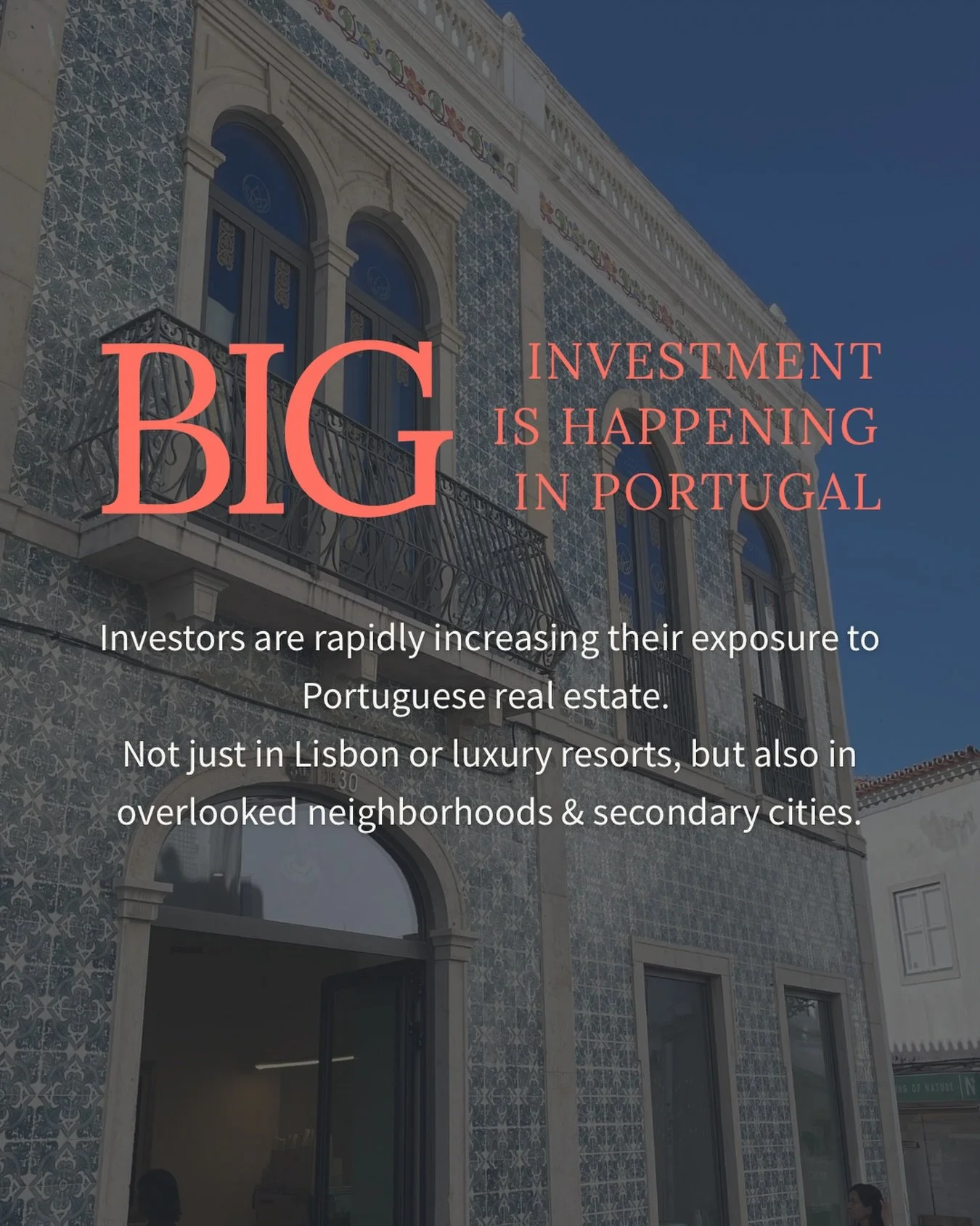 Big investment is happening in Portugal.

Investors are rapidly increasing their exposure to Portuguese real estate. Not just in Lisbon or luxury resorts, but also in overlooked neighborhoods and secondary cities.

Just look at what established playe