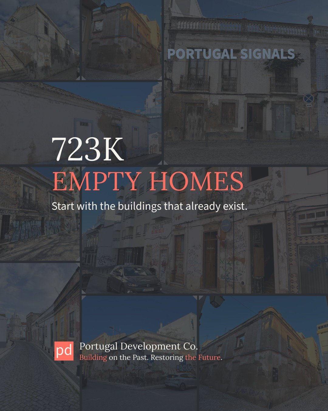 Portugal Development Co. exists because Portugal&rsquo;s housing problem is not only about building more. It is also about unlocking what already exists.

INE census data shows 723,215 vacant homes, about 12.1% of the housing stock (Census 2021). The