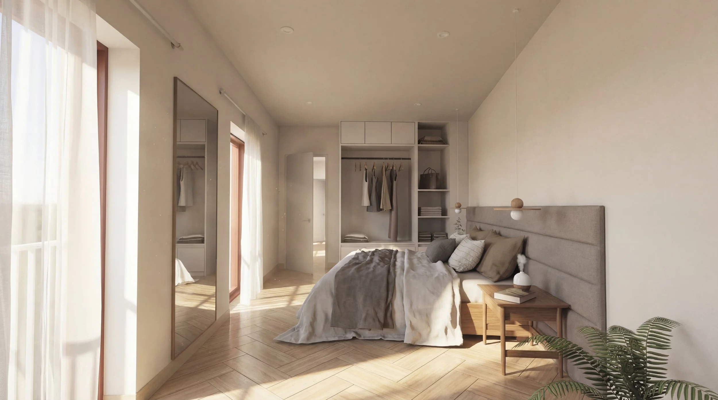 Bright bedroom with large window, bed with beige bedding and pillows, wooden nightstand with lamp and books, open wardrobe with clothes and shelves, mirror, hanging pendant light, and potted plant, featuring light-colored walls and wooden flooring.