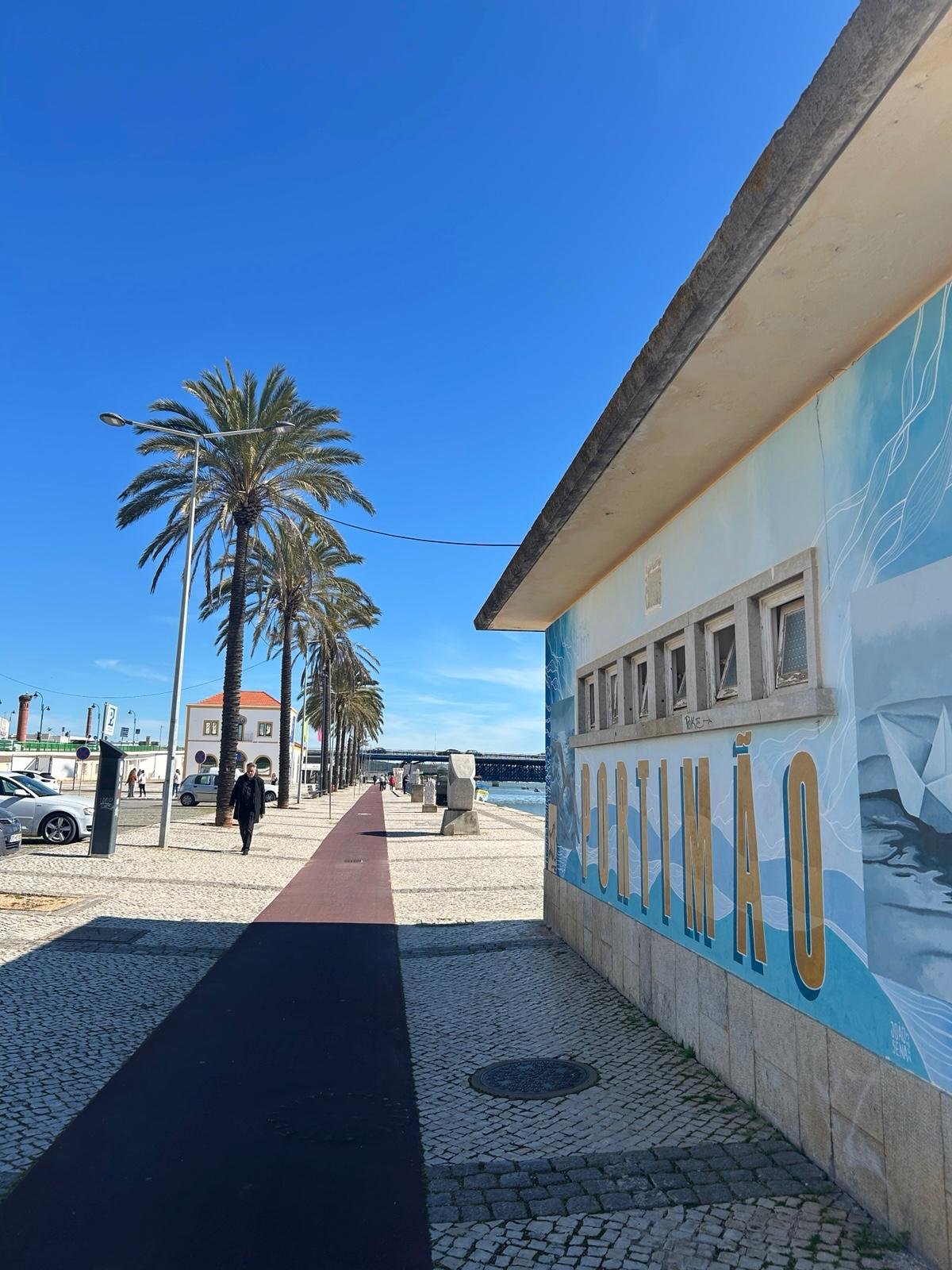 A seaside promenade with tall palm trees, parked cars, pedestrians, and a building with a mural that reads 'Portimão.'