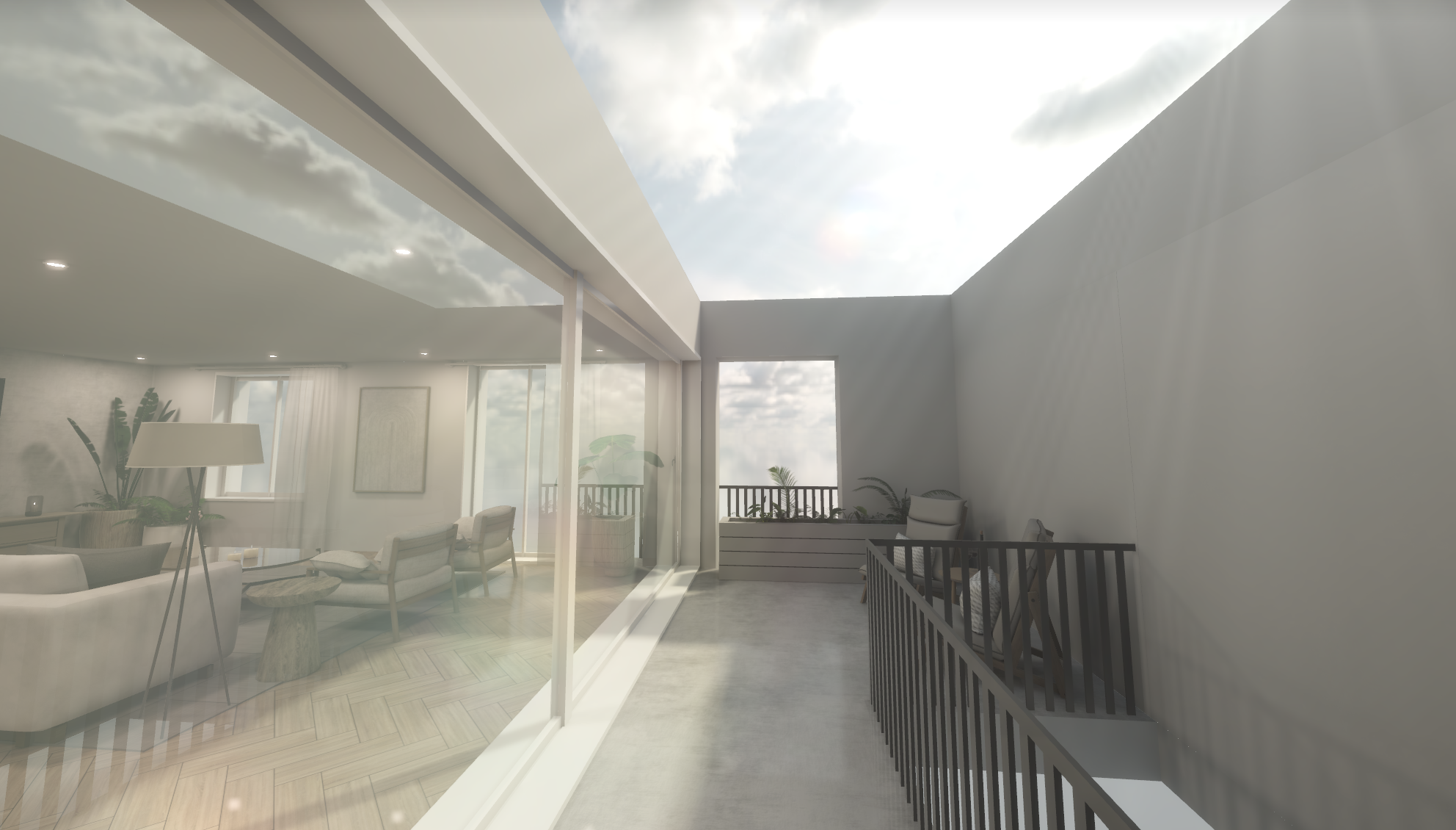 Photo of a modern balcony with outdoor seating, potted plants, and a view of the sky with clouds.