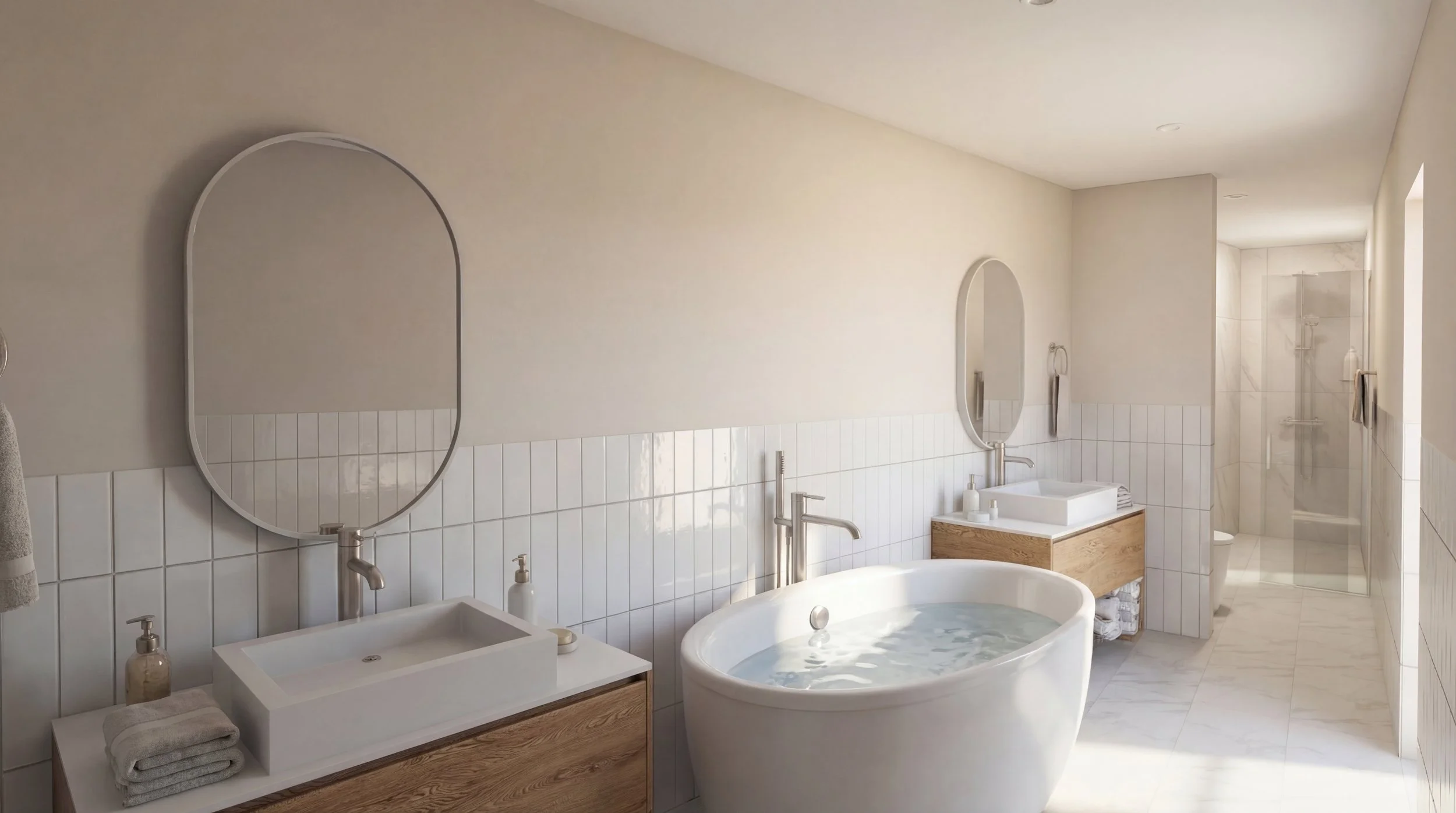 Modern bathroom with two sinks, a freestanding bathtub, and a walk-in shower with glass door.