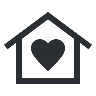 Outline of a house with a heart inside.