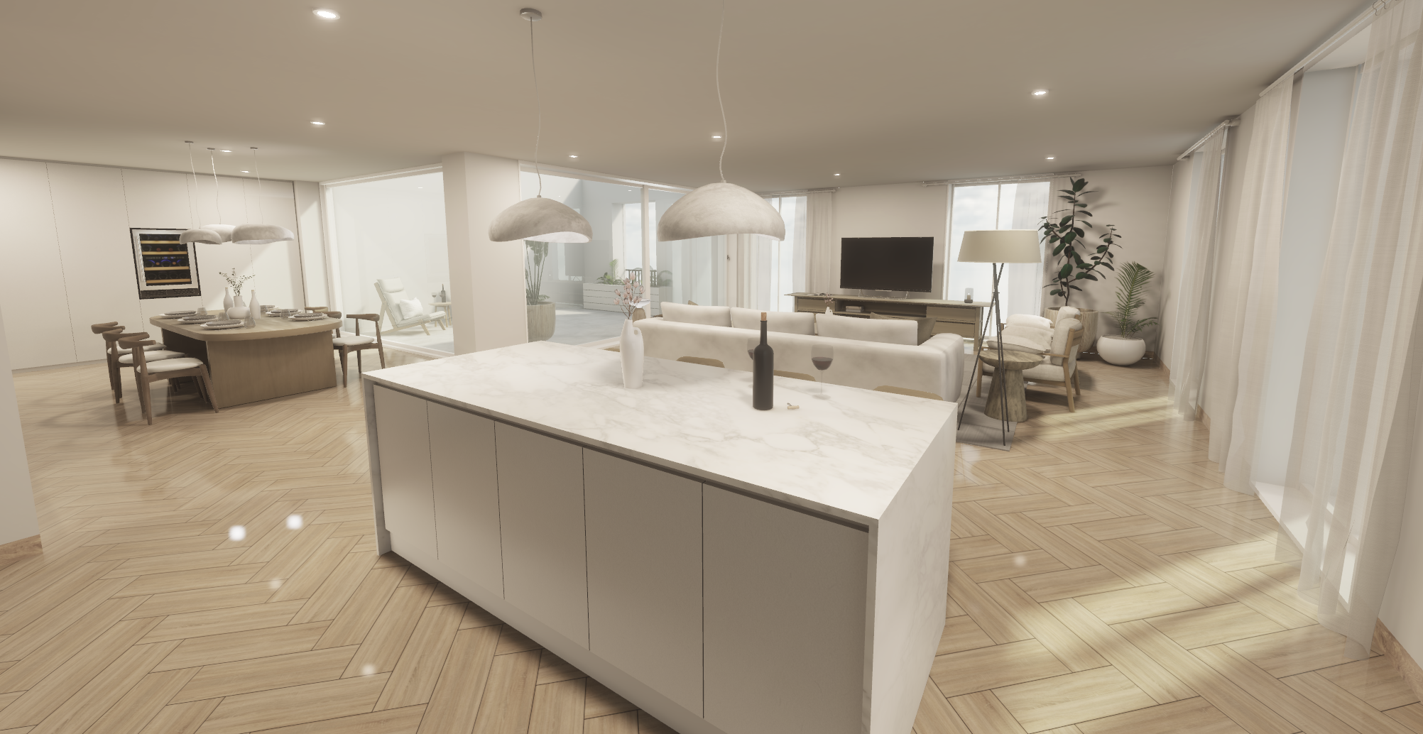 Open-concept living space with a kitchen island, dining area, and seating area. Features hardwood floors, white walls, large windows with sheer curtains, and modern decor including plants, lamps, and a TV.