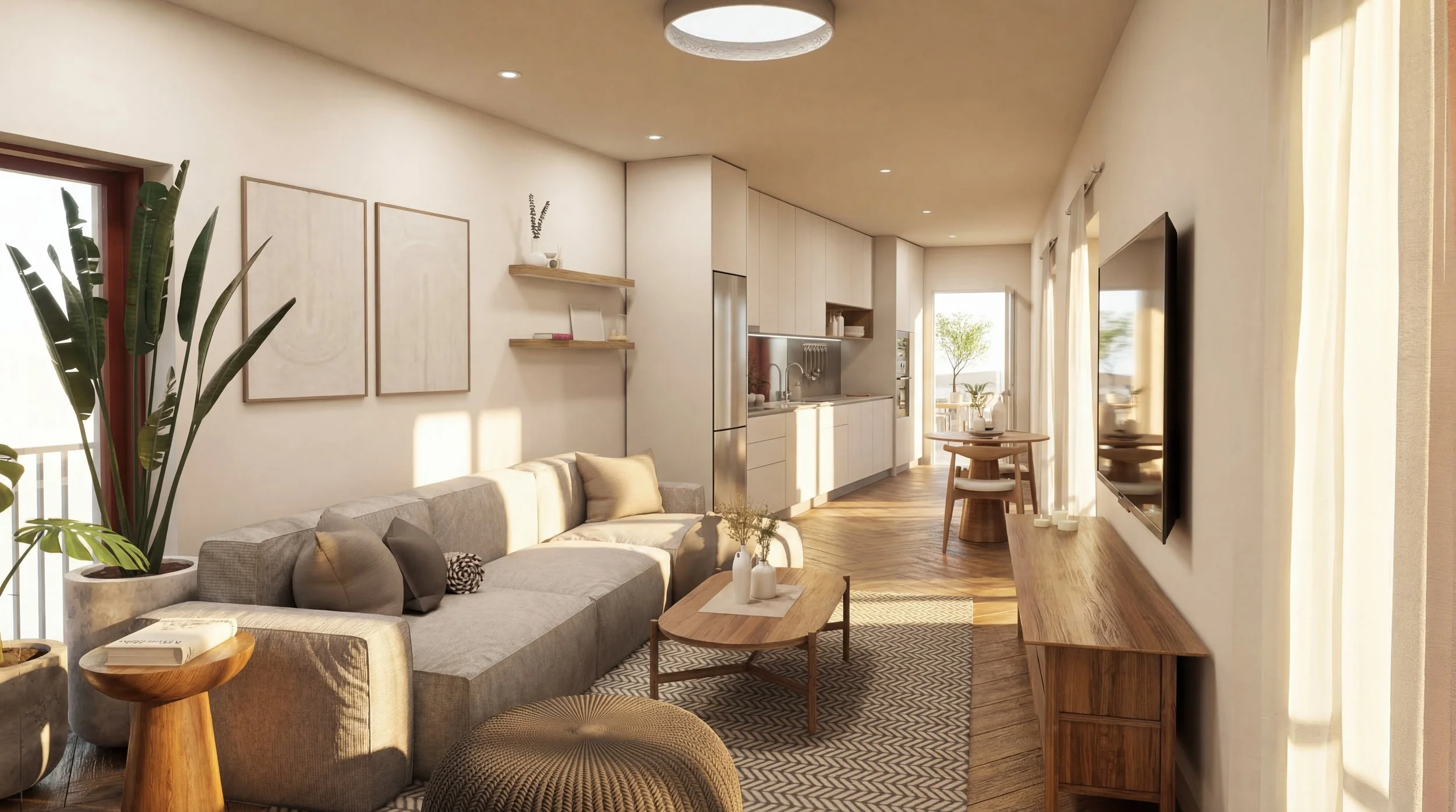 A modern, cozy living room with a beige sofa, wooden coffee table, and flat-screen TV on the wall. There are large windows with sheer curtains, and an open kitchen with white cabinets and a dining area in the background. Decor includes potted plants, framed art, and minimalist shelves.