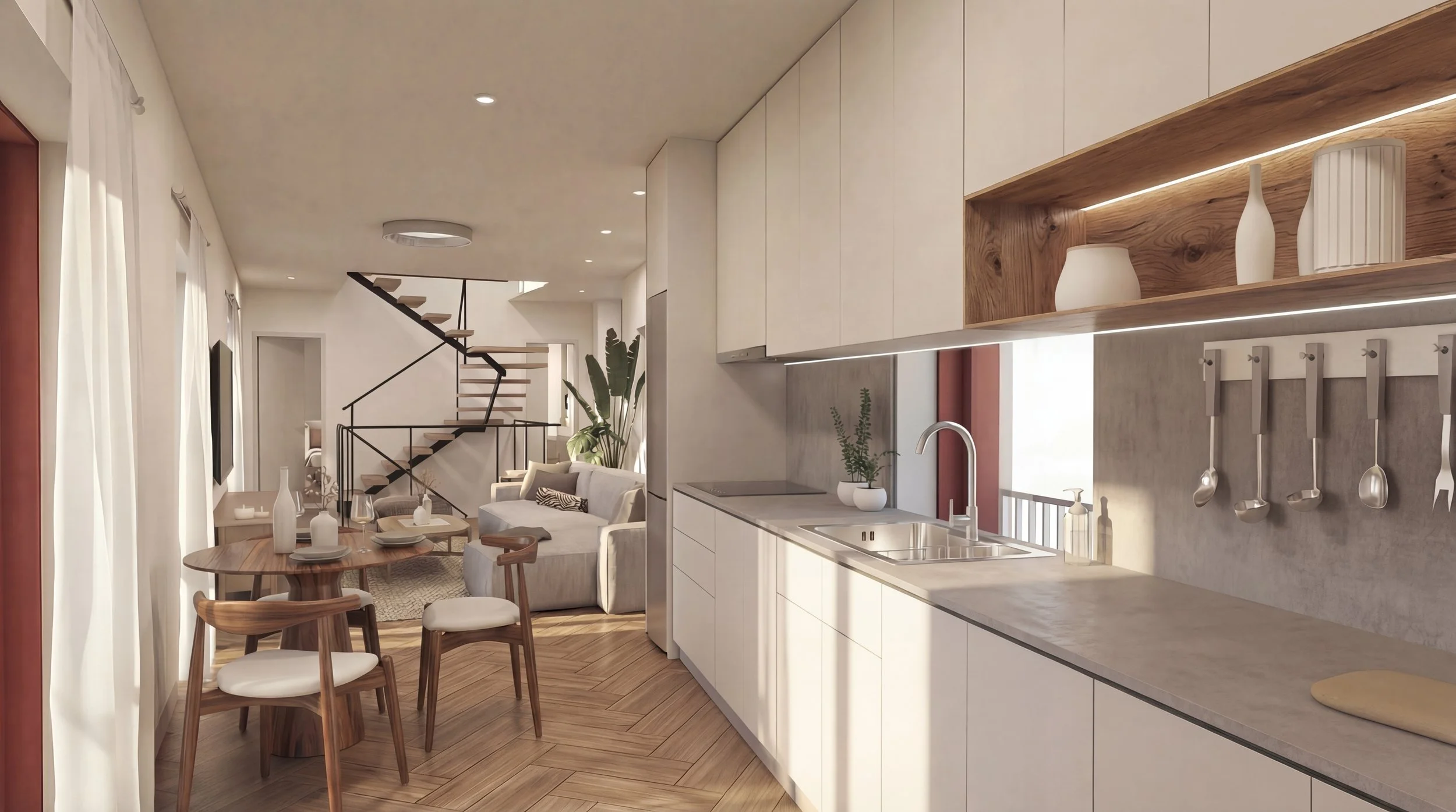 Open-concept living room and kitchen with wooden flooring, white cabinets, and modern décor, including dining table, chairs, and staircase.