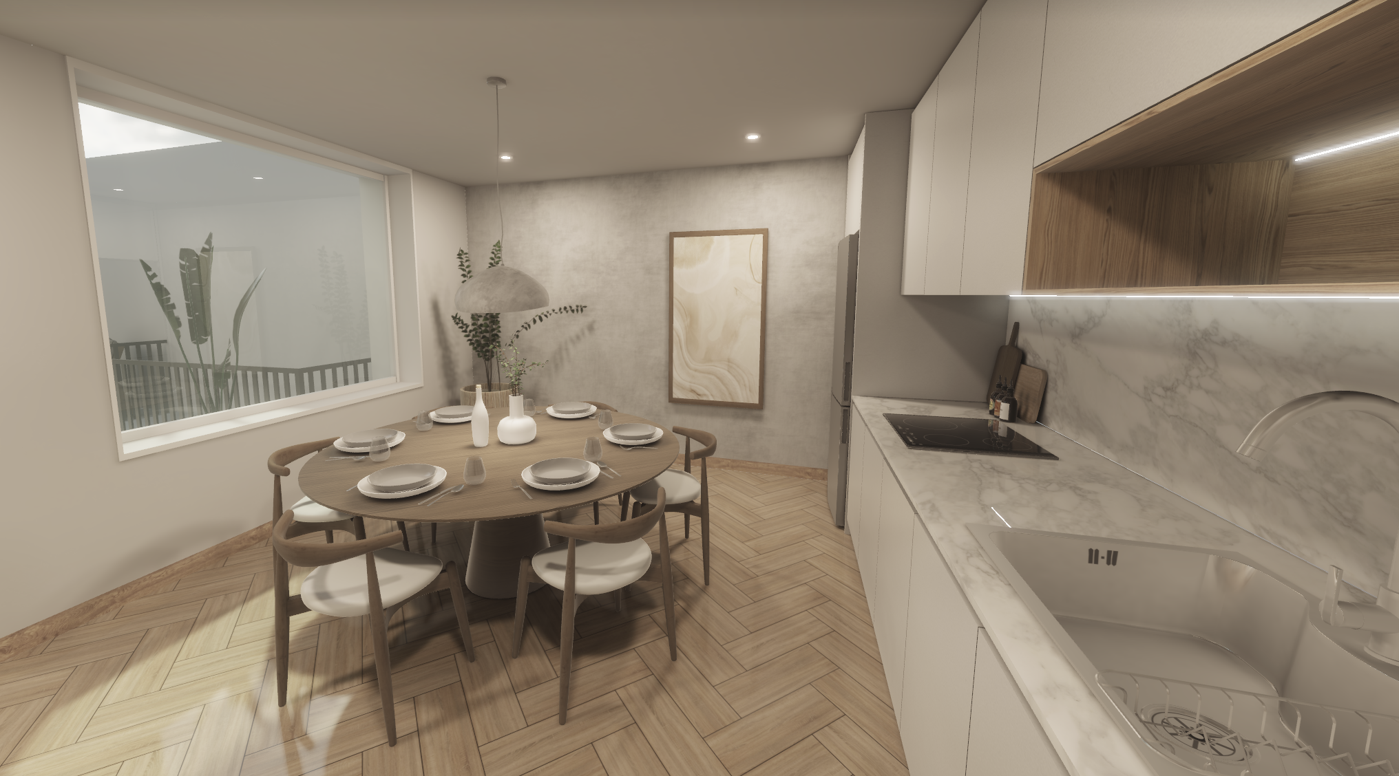 Modern kitchen and dining area with wooden floor, round dining table set with plates and cups, a large window overlooking outdoor plants, and kitchen counter with sink, stove, and beige cabinets.