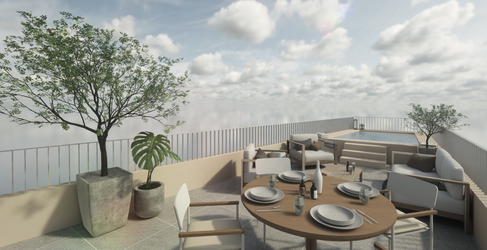 Rooftop terrace with a dining area, outdoor furniture, potted trees, a small swimming pool, and a cloudy sky.