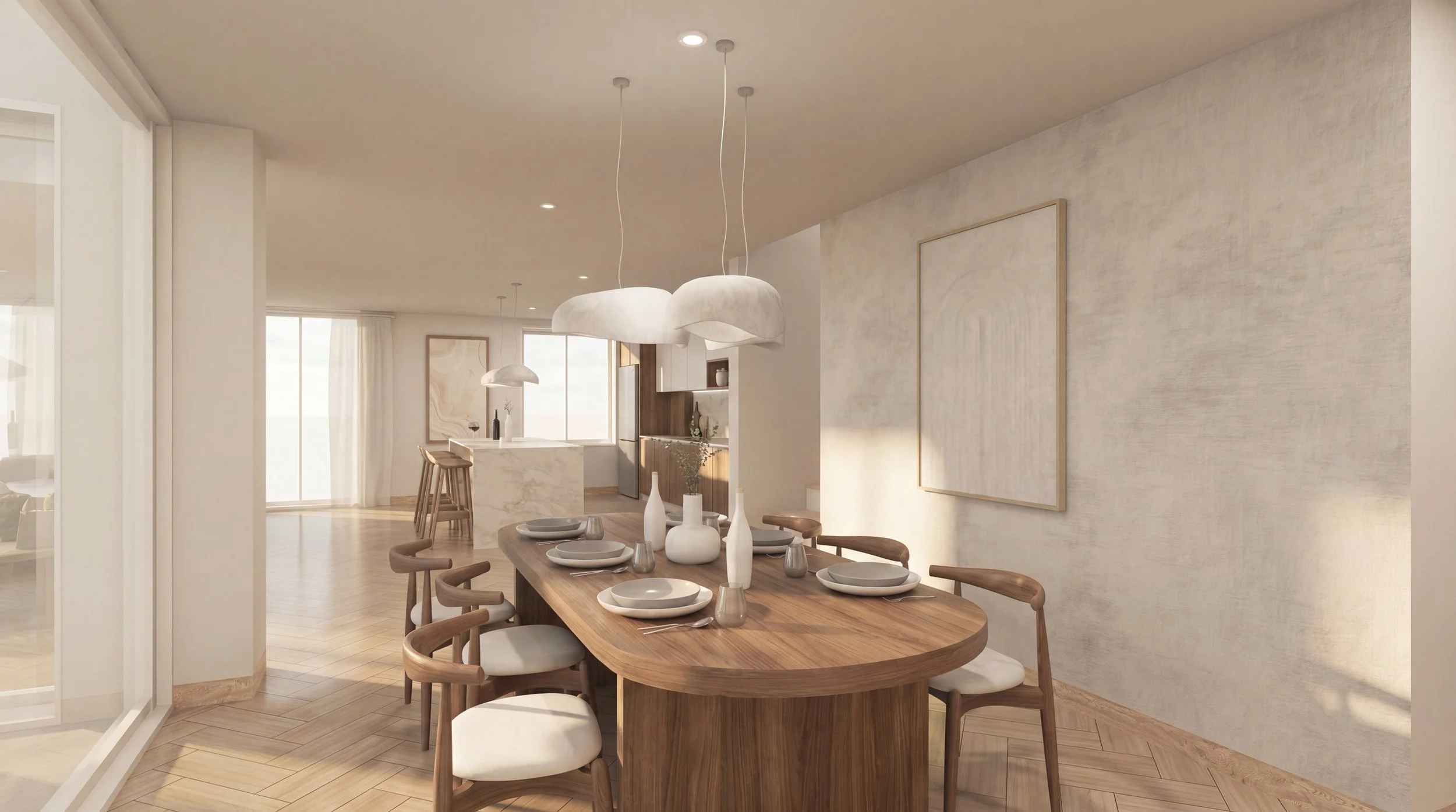Modern dining area with a wooden oval table, six chairs with white cushions, white vases, and white tableware. Overhead are three large, white, cloud-shaped pendant lights. The space has a neutral color palette with light walls and wood flooring, facing large windows with sheer curtains.