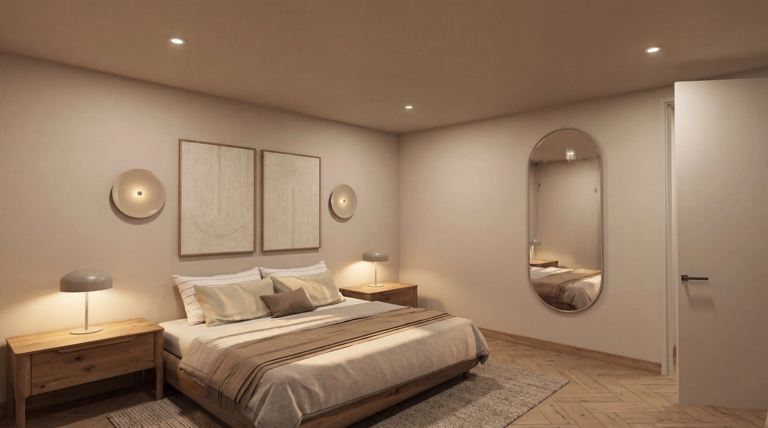 A bedroom with a bed, bedside tables, and lamps, beige walls, abstract wall art, and a tall oval mirror.