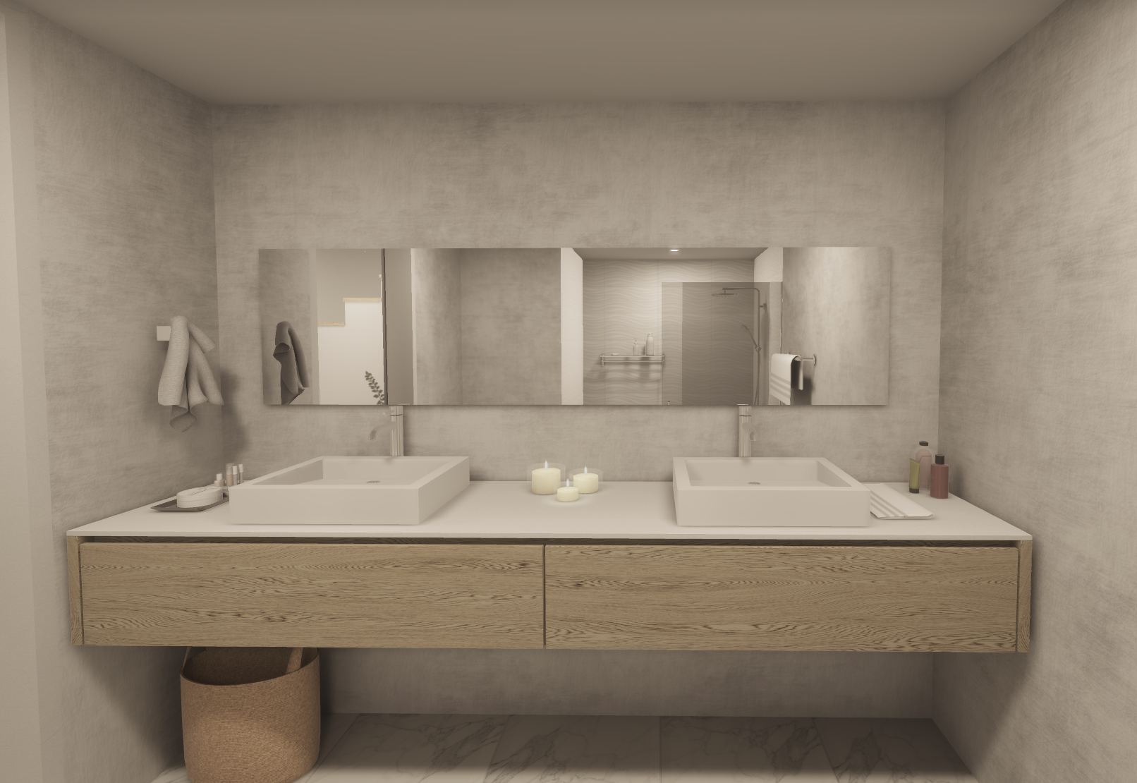 A modern bathroom with a double sink vanity, large mirror, candles, and toiletries. Towel hooks with towels and a basket beneath the vanity.