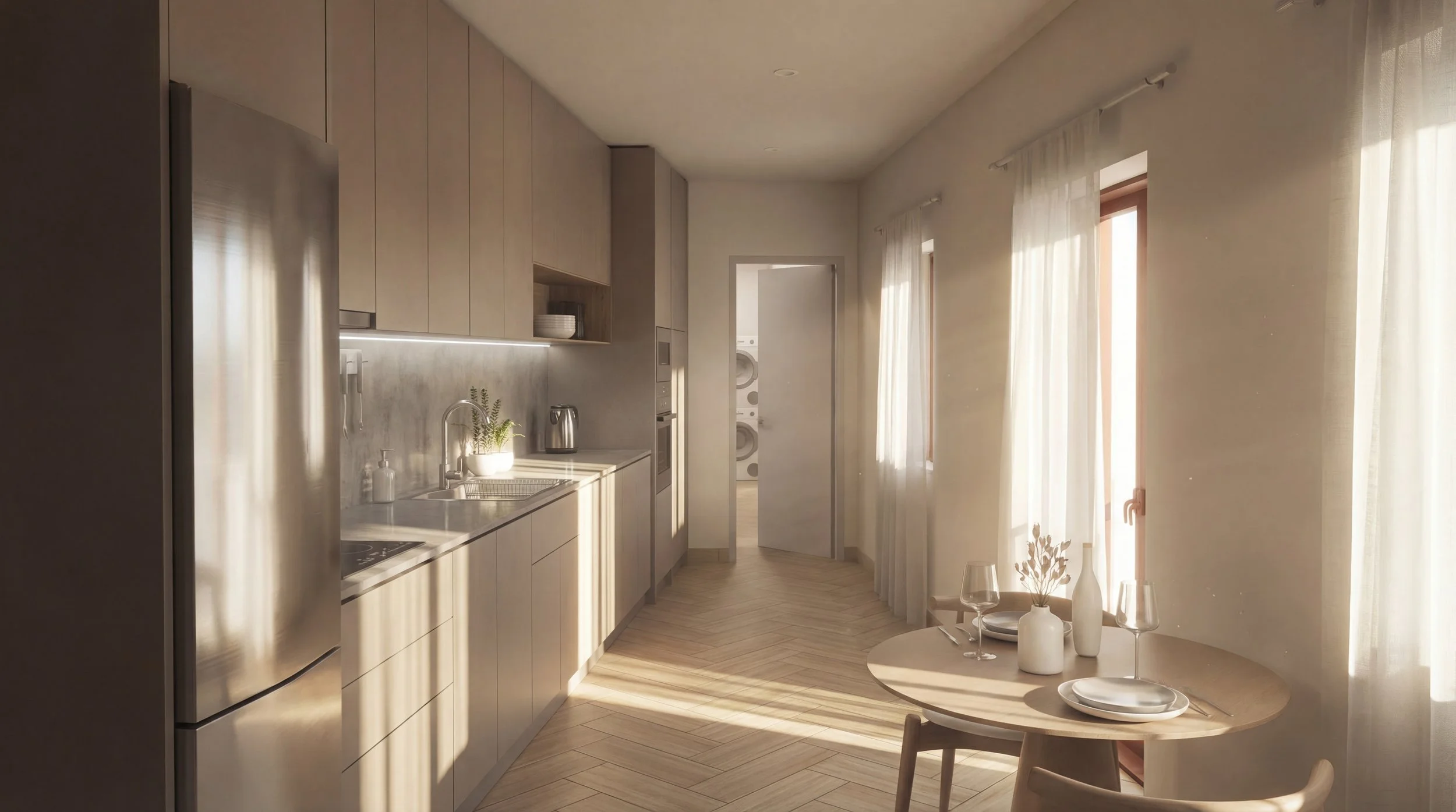 Bright, minimalist kitchen with beige cabinets, stainless steel refrigerator, and a small round dining table set with plates, glasses, and vases, illuminated by natural light from large windows with sheer curtains.
