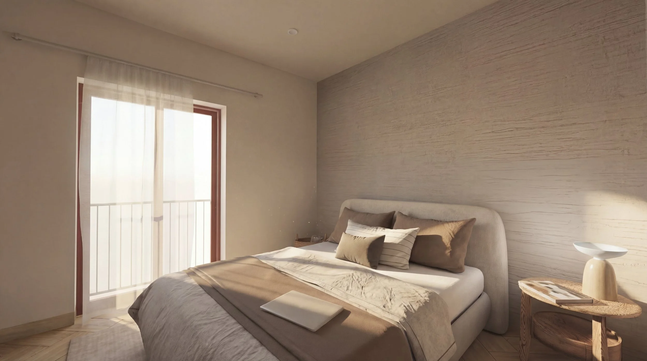 Sunlit bedroom with a bed, beige linens, pillows, a wooden nightstand with a magazine and a modern white vase, and a balcony door with sheer curtains.