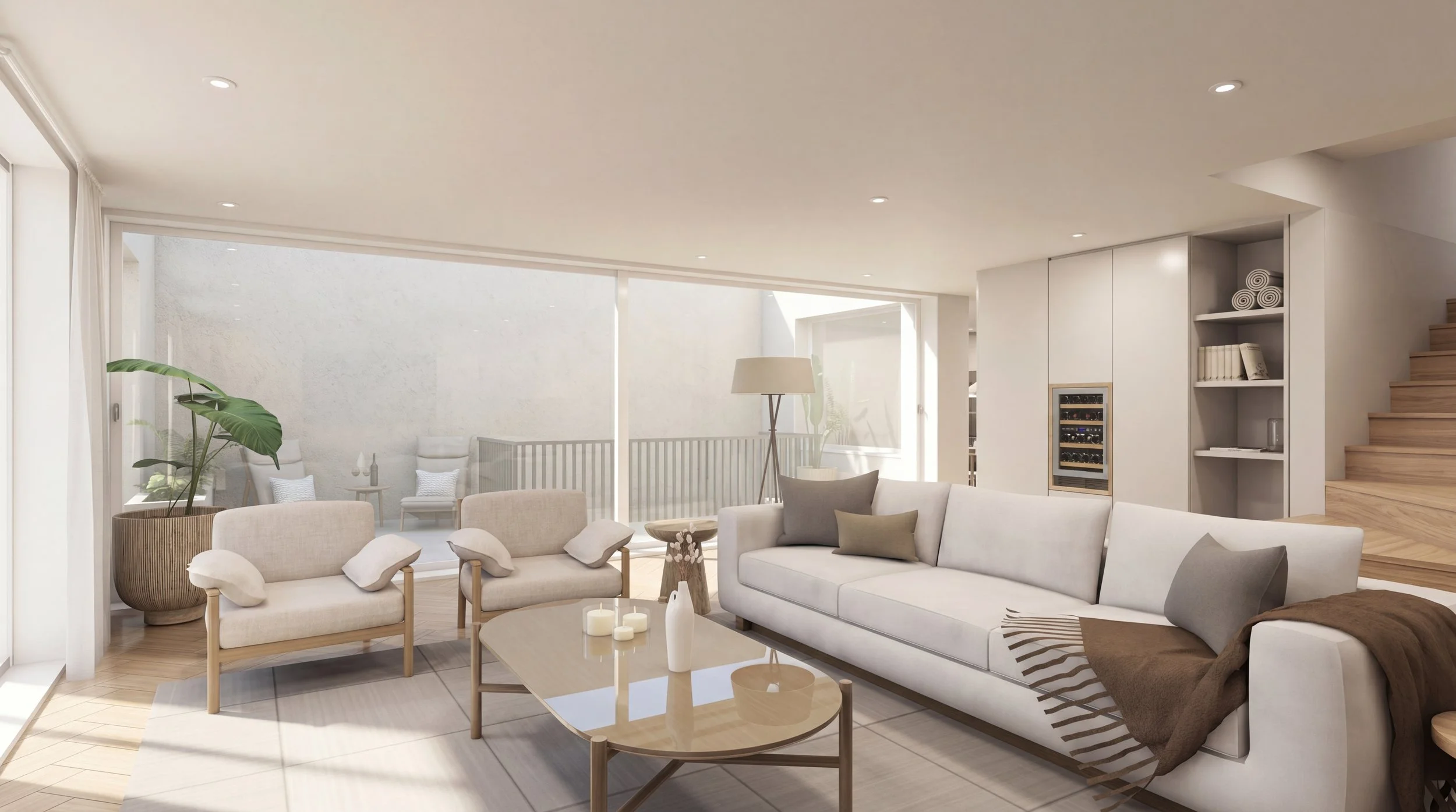 Modern living room with white sofas, wooden coffee table, large window, potted plant, and built-in shelves with wine bottles and books, with stairs on the right.