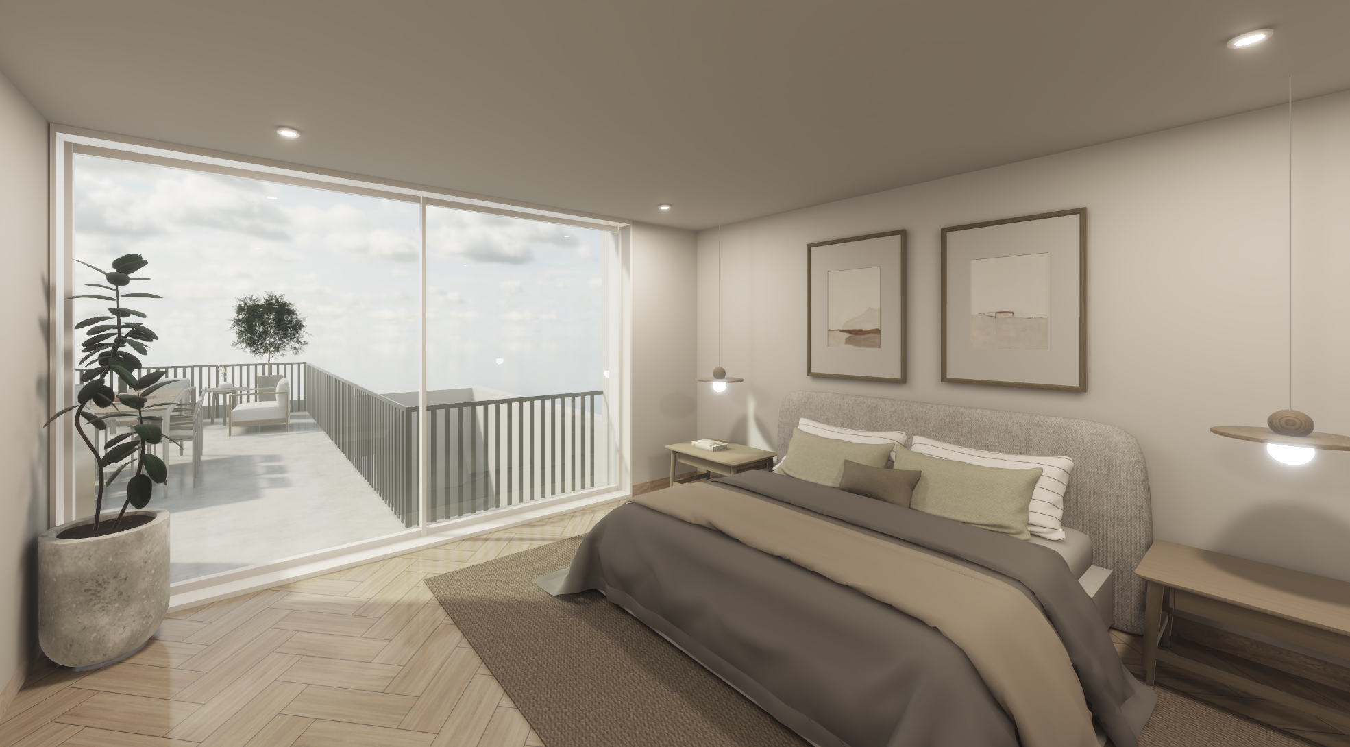 Modern bedroom with a large bed, framed wall art, a nightstand with a lamp, large glass sliding door opening to a balcony with outdoor seating, potted plant, wooden floor, and neutral color scheme.