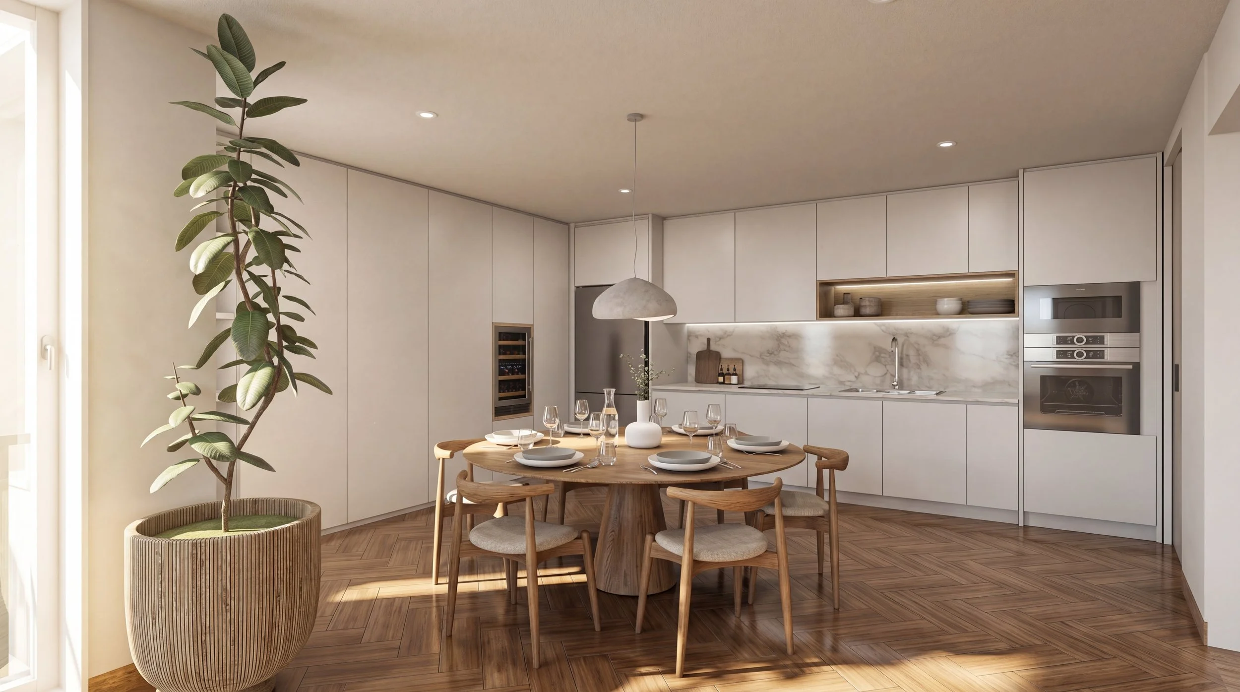 Modern kitchen with white cabinetry, marble backsplash, wooden dining table set for six, and a large potted plant near the window.