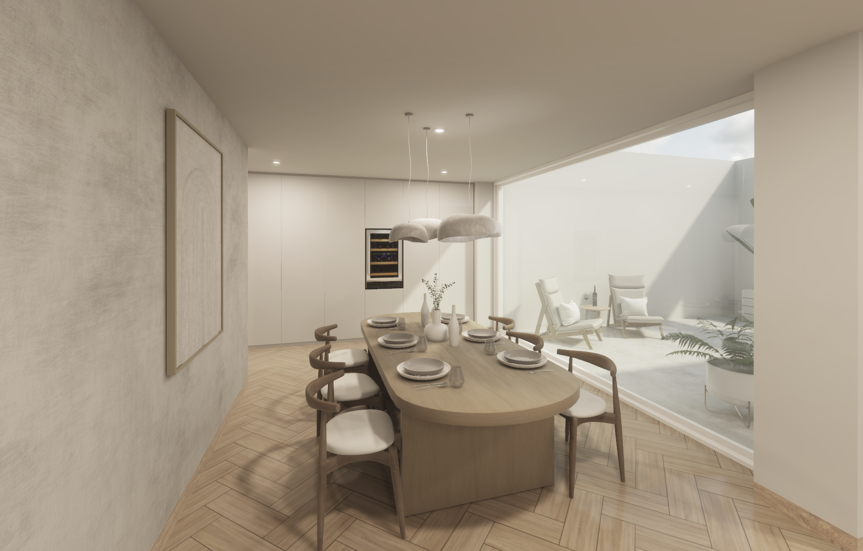 Modern dining room with a long wooden table, six chairs, and a set of pendant lights hanging above. Large window reveals a patio with lounge chairs and plants.