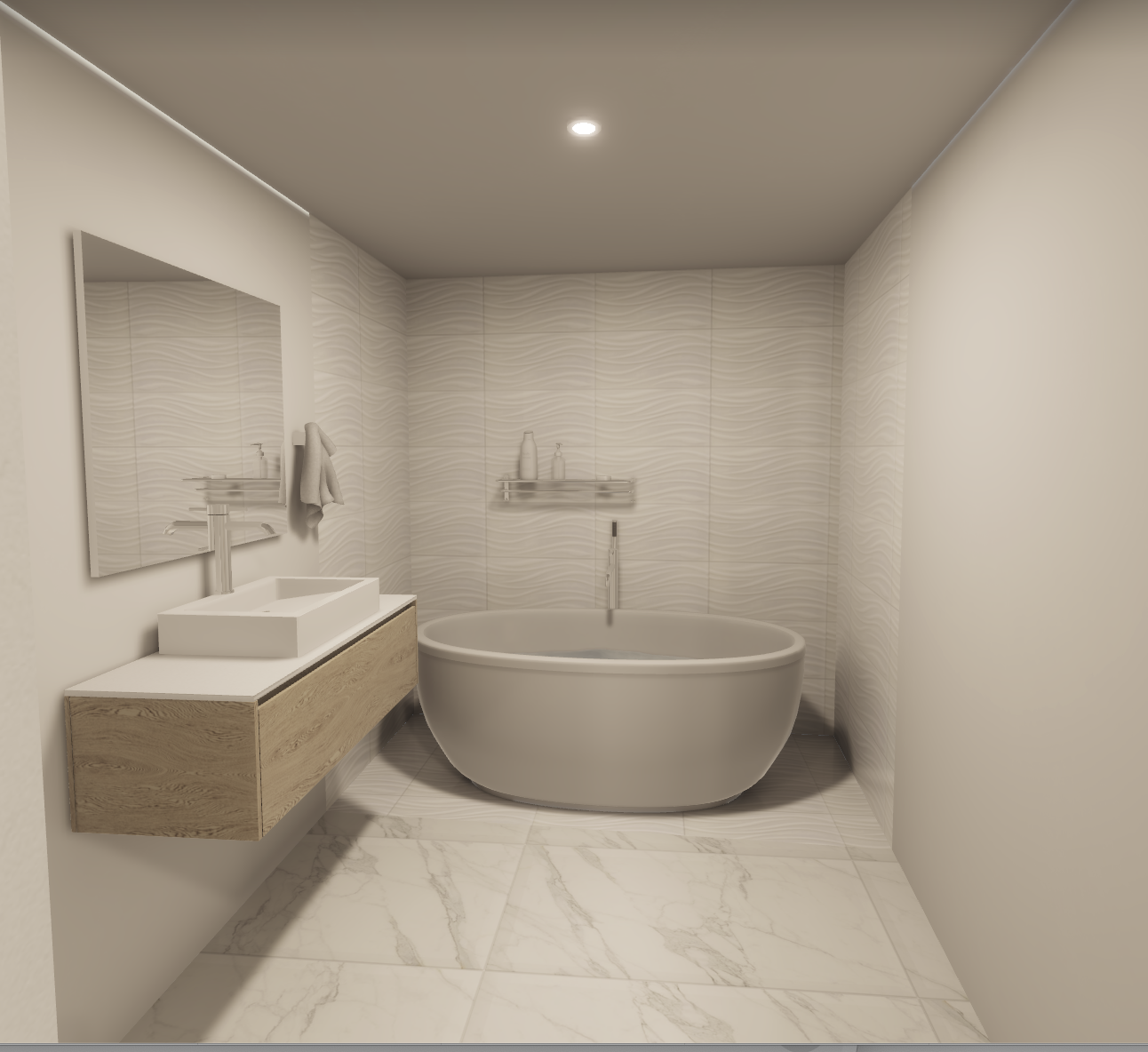 Modern bathroom with a white bathtub, beige textured wall tiles, a floating wooden vanity with a vessel sink, a large mirror, and a ceiling light.