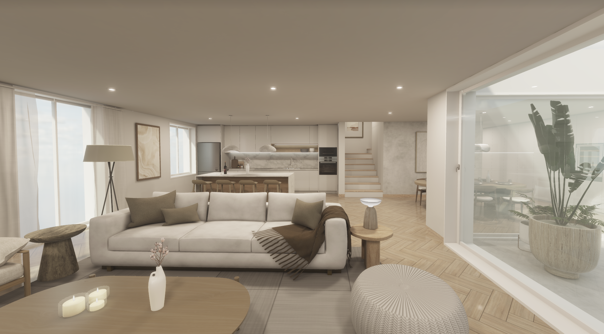 Open-plan living and kitchen area with large windows, neutral tones, and seamless flow to outdoor space.