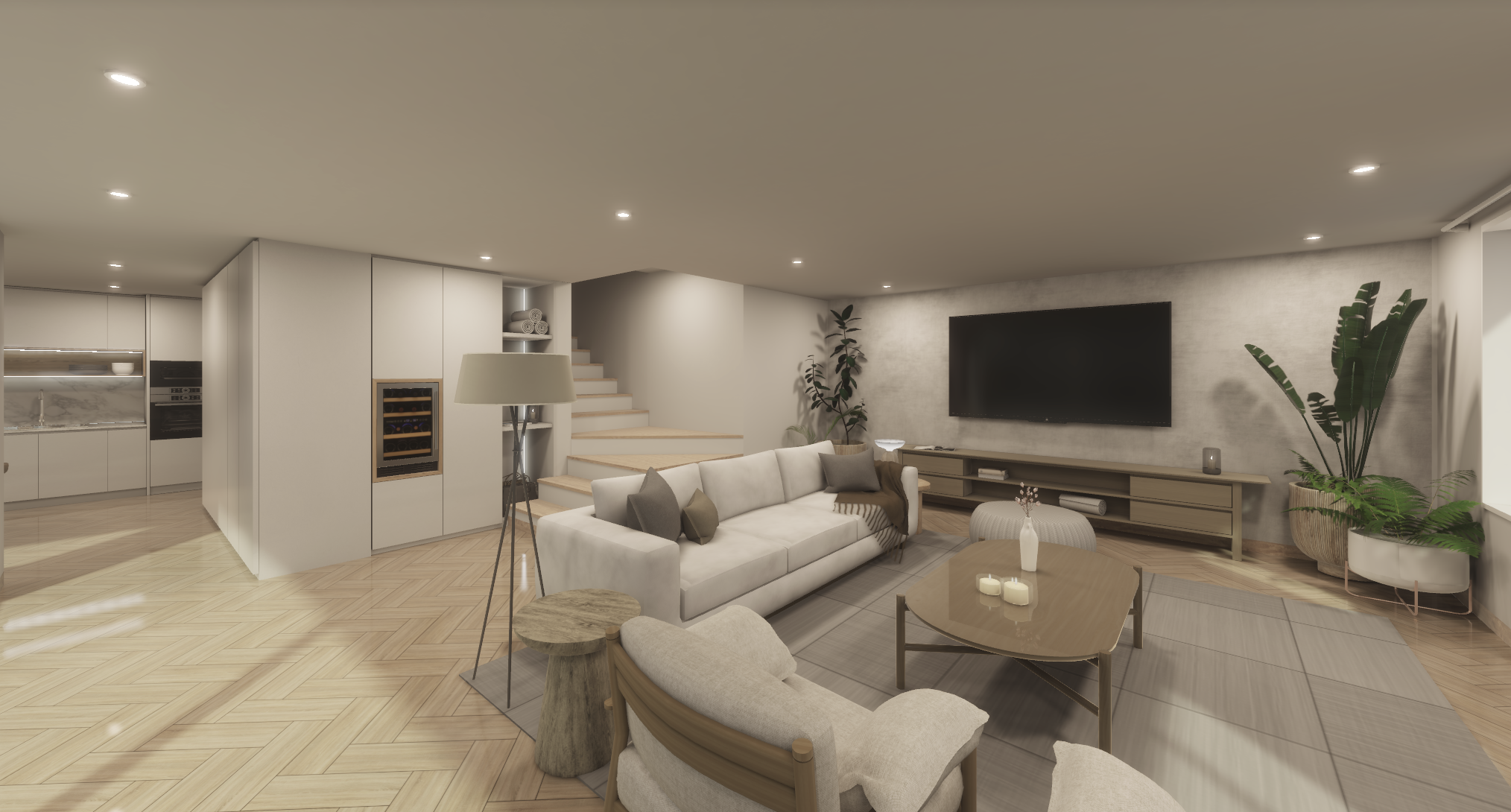 Modern living room with a white sofa, beige armchair, wooden coffee table, TV on the wall, potted plants, and a staircase in the background.